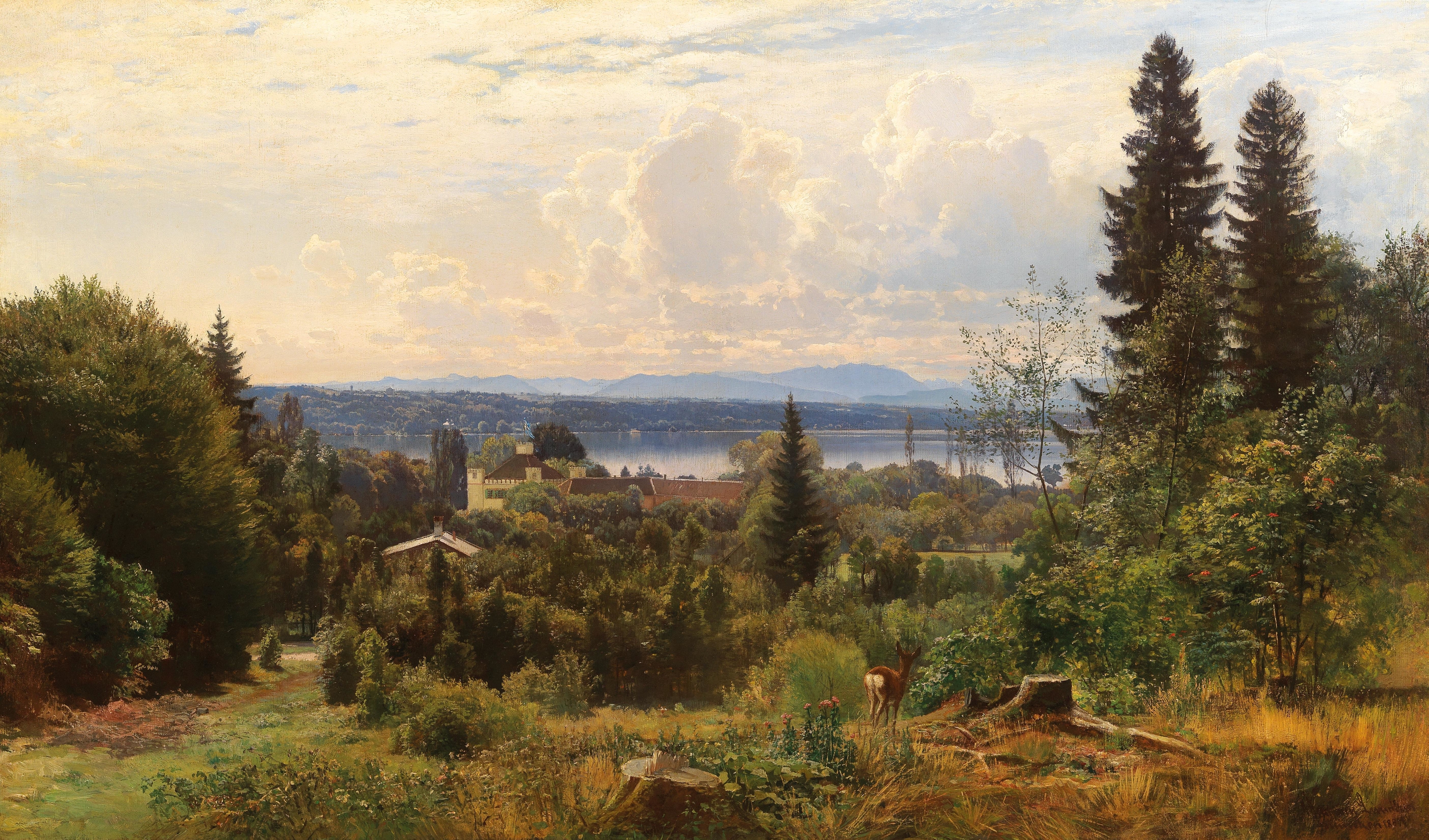 Summer’s Day On Lake Starnberg, oil on canvas by Anders Andersen-Lundby, featuring a lake and castle.