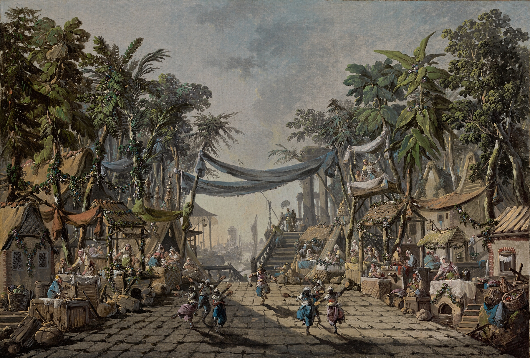 Market scene in an imaginary oriental port, oil painting by Jean-Baptiste Pillement