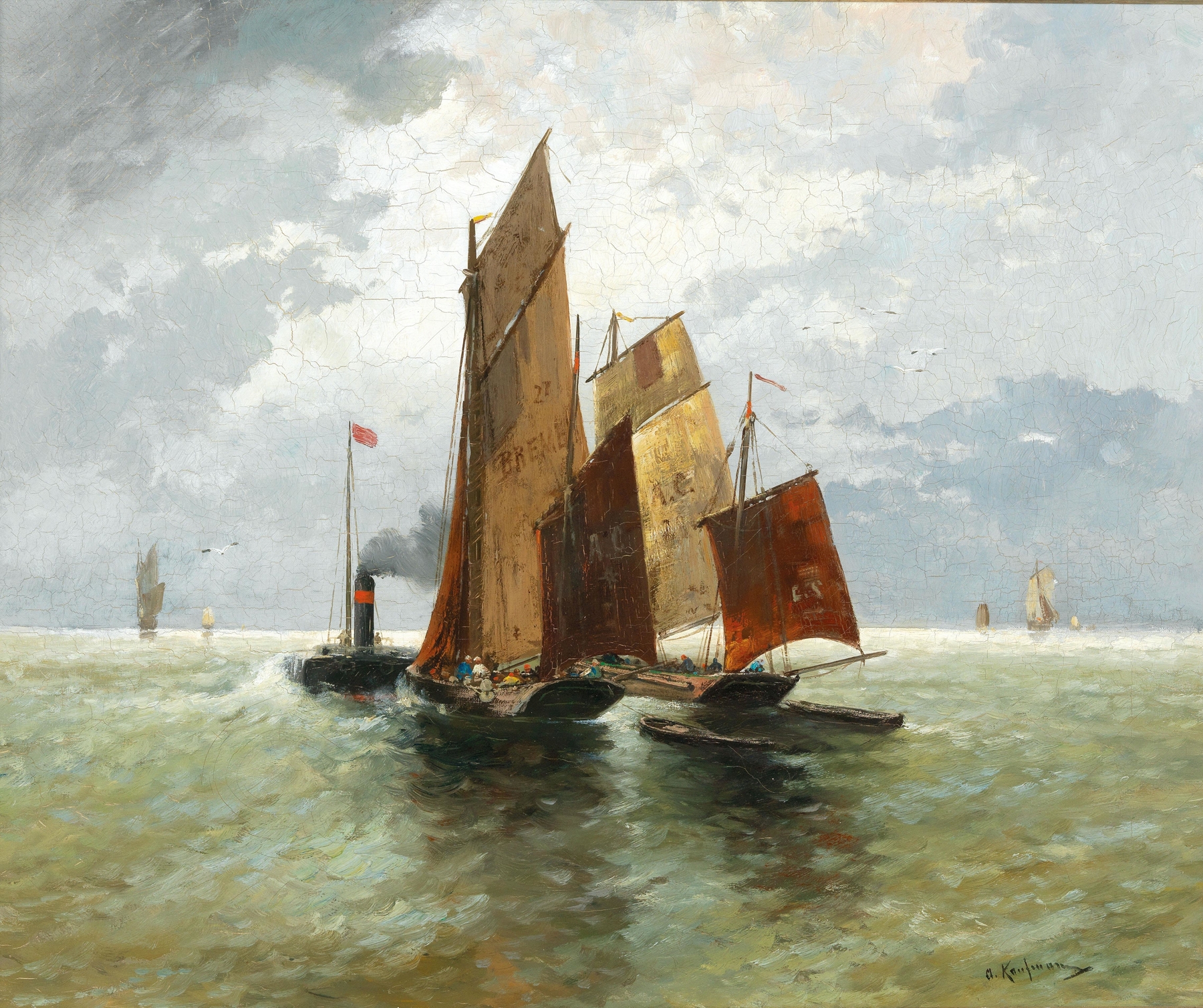 Oil painting by Adolf Kaufmann depicting steamboat and fishing boats on the ocean