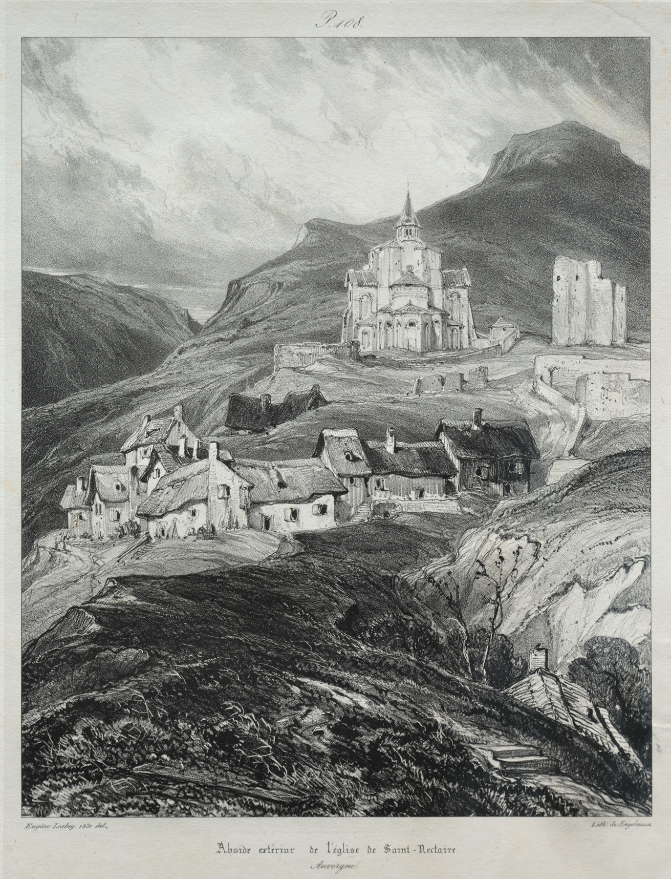 Abside de l’église de Saint Nectaire by Eugène Isabey, oil painting of a church surrounded by nature.