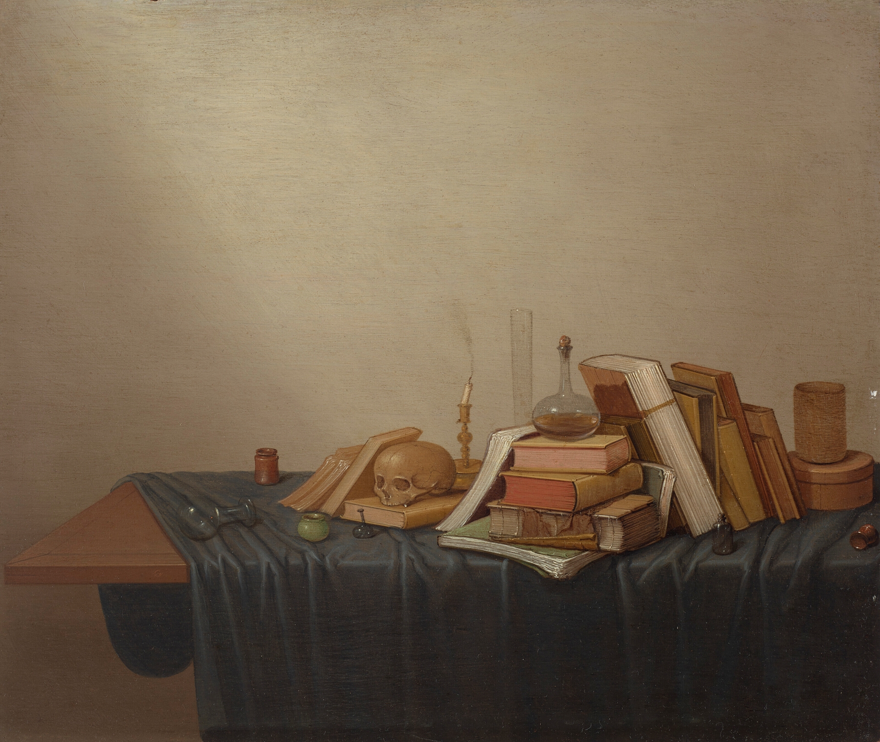 A Vanitas with books, a skull, a candle and various objects, oil on canvas by Gerrit van Vucht