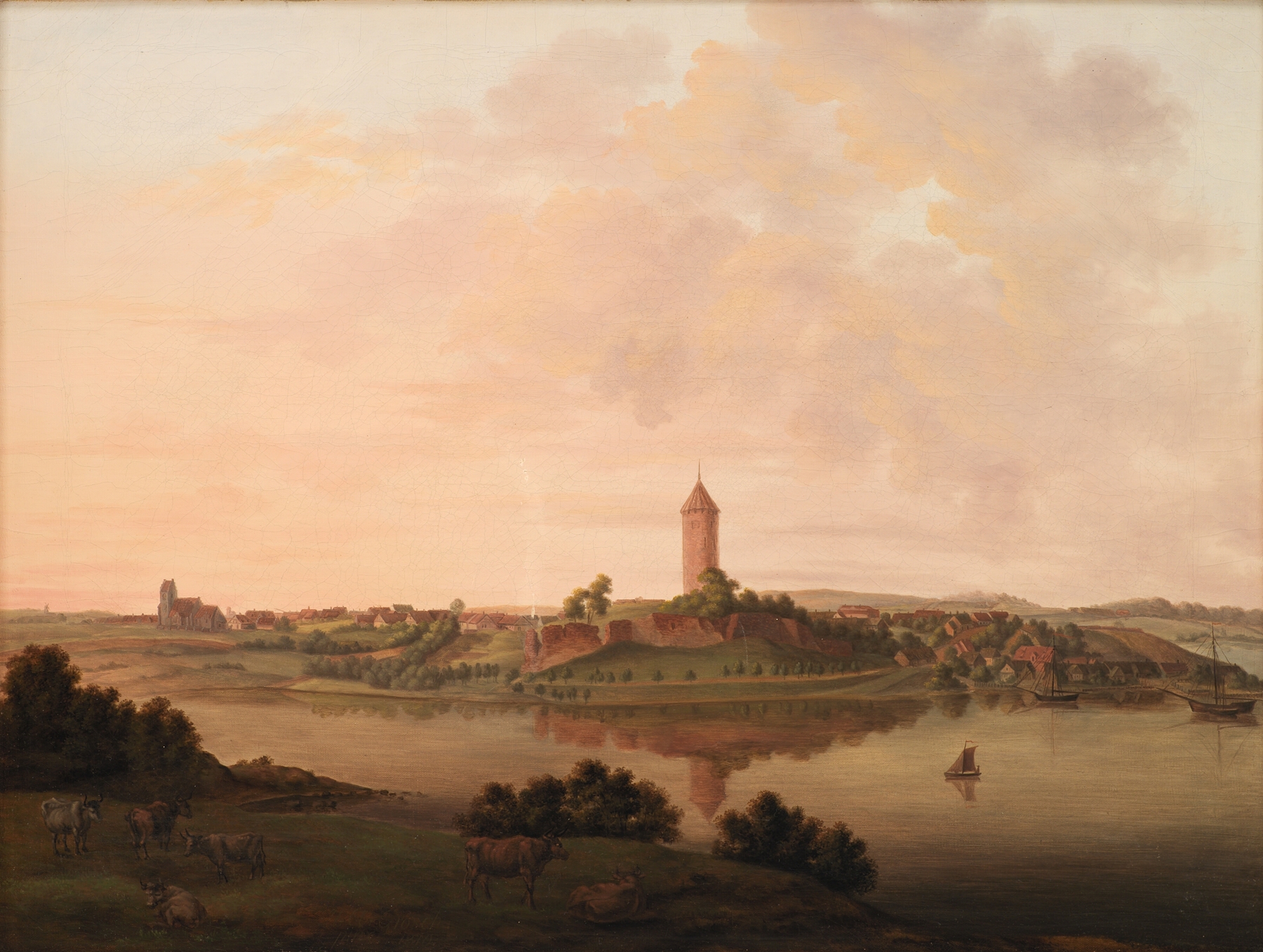 Ethereal landscape with Vordingborg castle, oil painting by Christian Heinrich Grosch