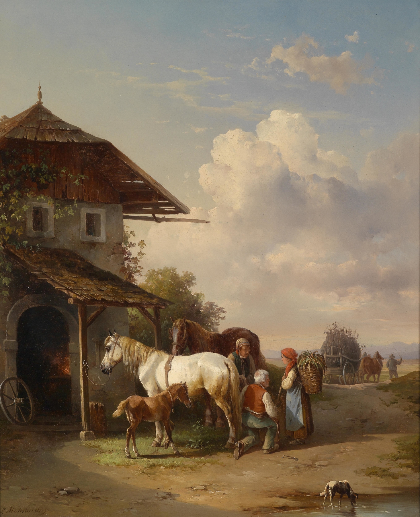 Oil on canvas by Edmund Mahlknecht depicting a blacksmith and apprentice in a forge.