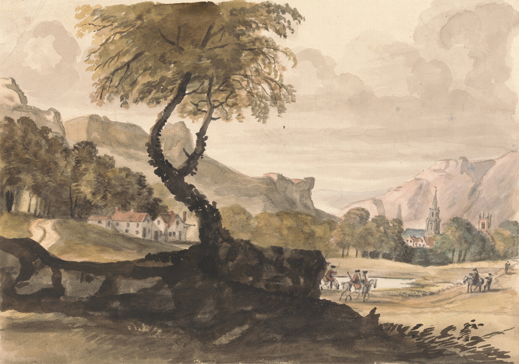 Hilly landscape with a village and horseman by Peter Tillemans, oil painting