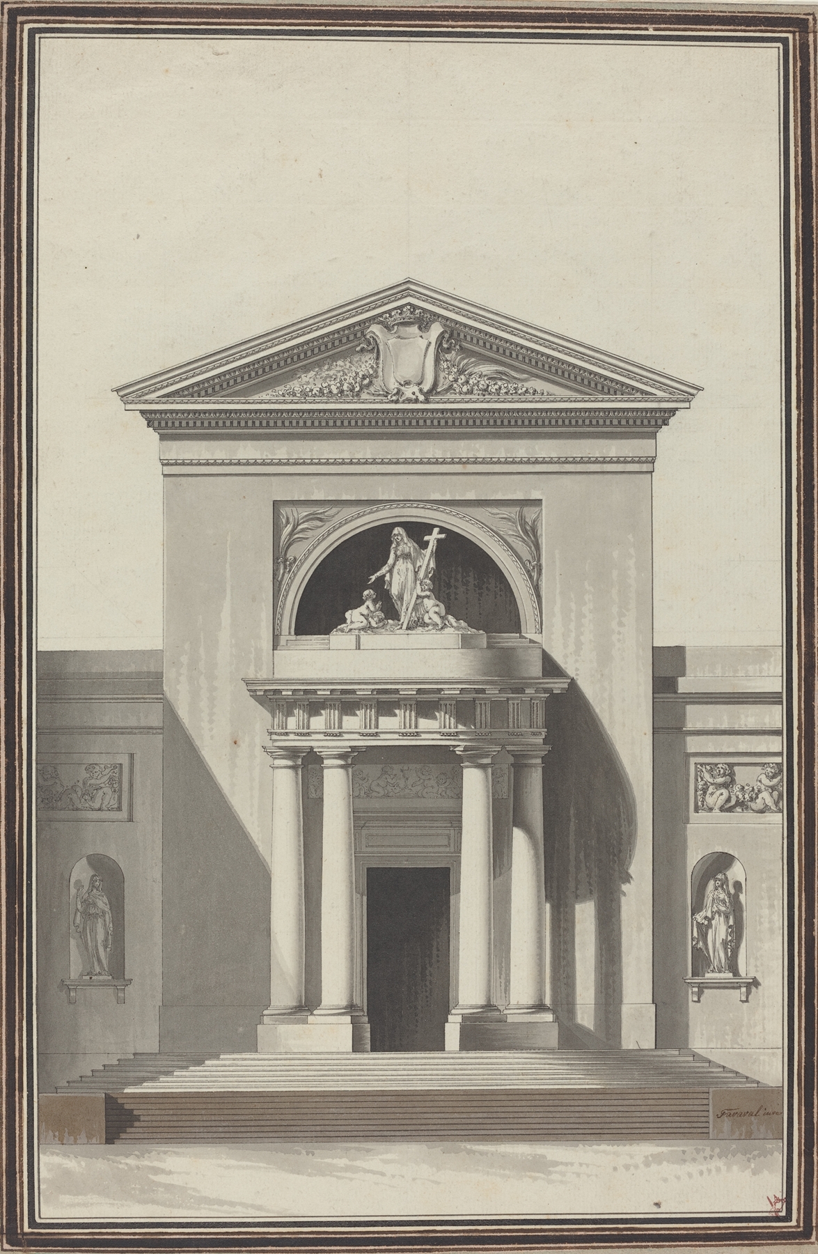 Facade for a church with a sculpture representing faith, ink on paper by Louis Gustave Taraval