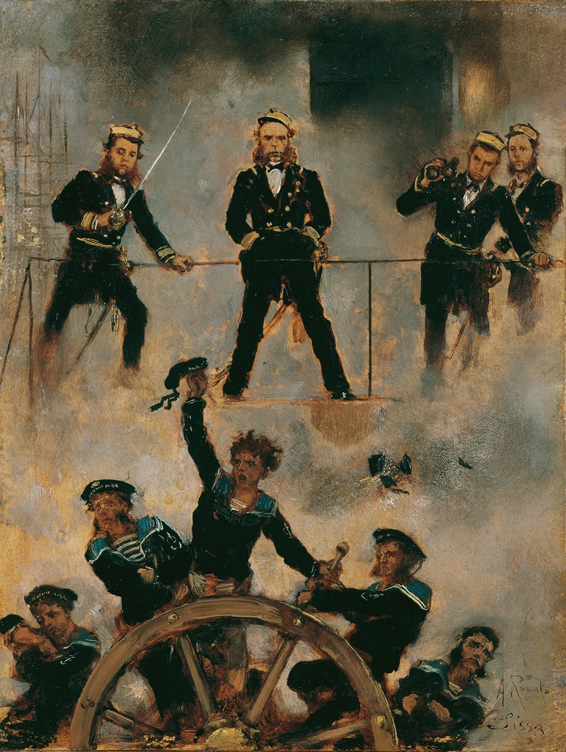 This painting depicts a naval battle scene with dramatic colors and dynamic figures.
