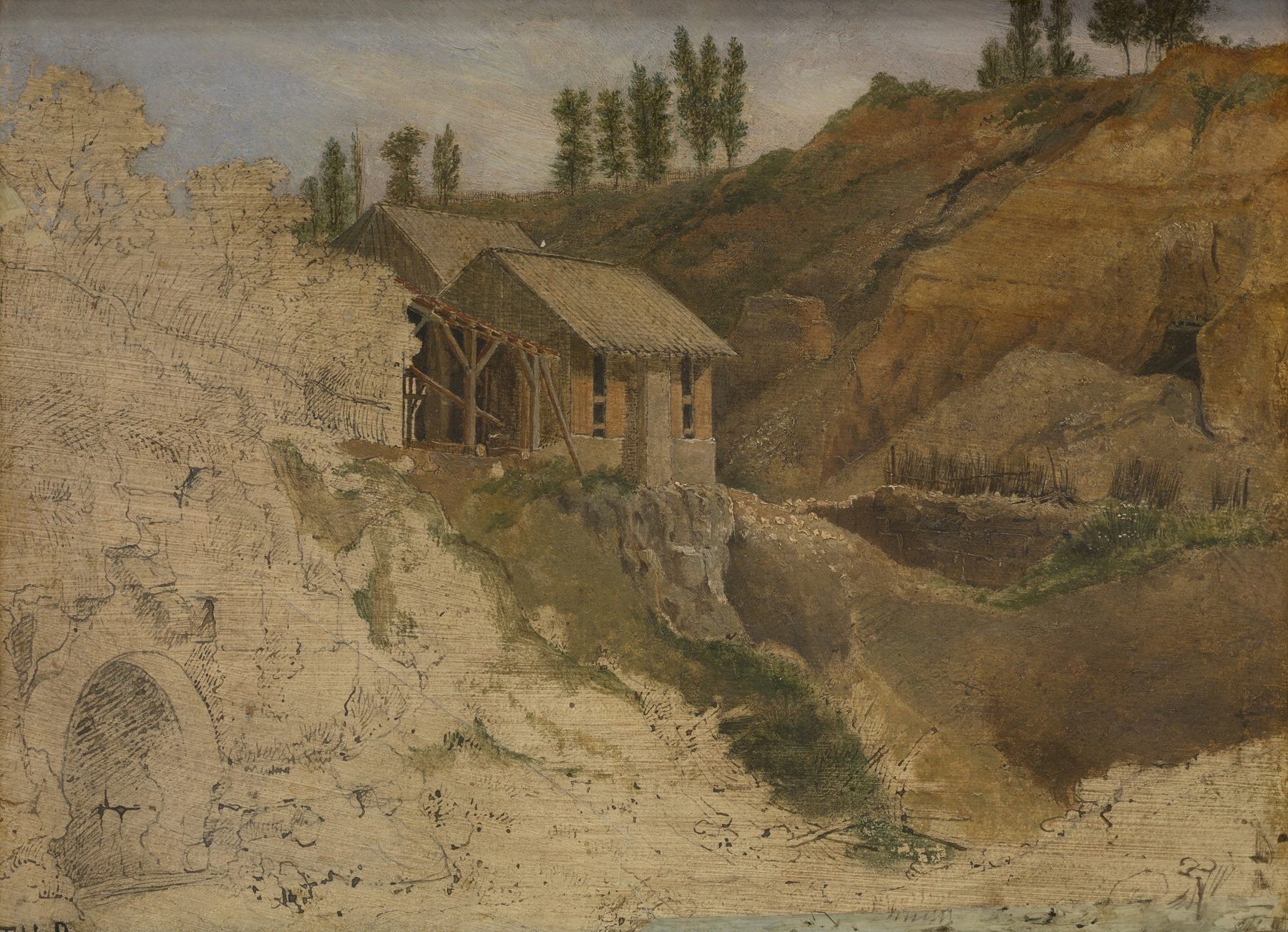 A Quarry by Théodore Rousseau, oil painting depicting a dramatic cliff and lush greenery.
