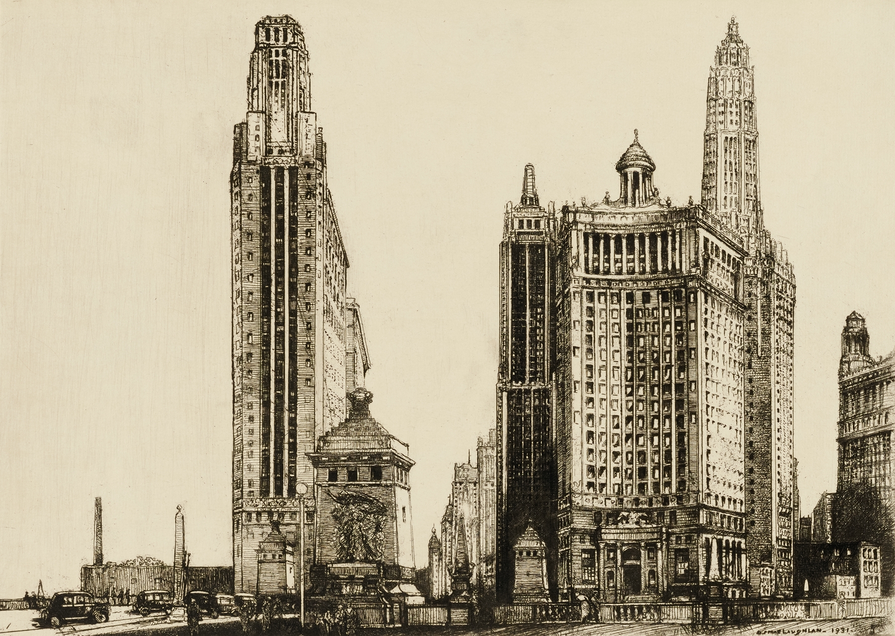 Chicago, the Gateway by Donald Shaw MacLaughlan, modernism, depicting a vibrant city skyline and reflections.
