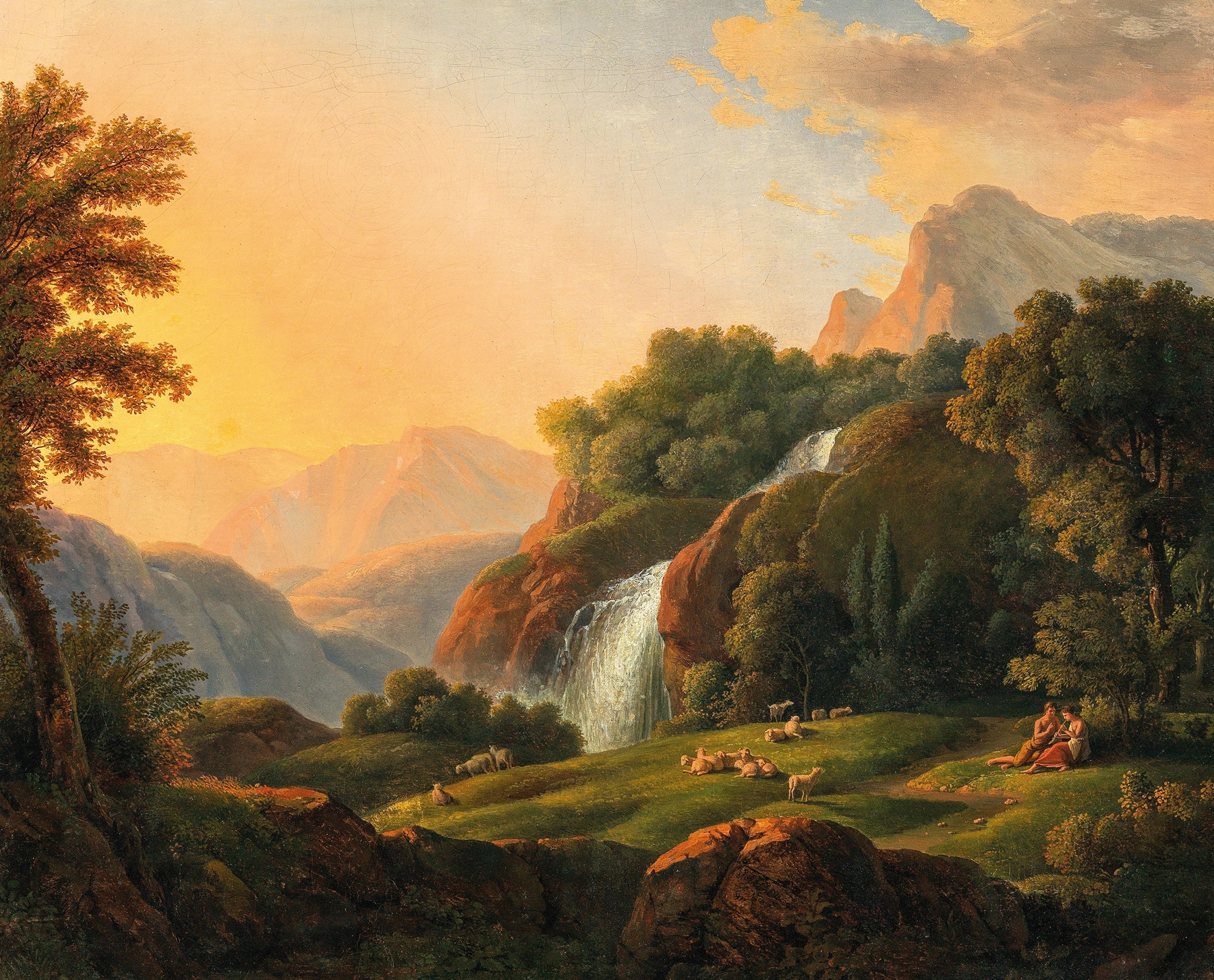 Landschaft mit Wasserfall und Hirten, oil on canvas by Johann Nepomuk Schödlberger