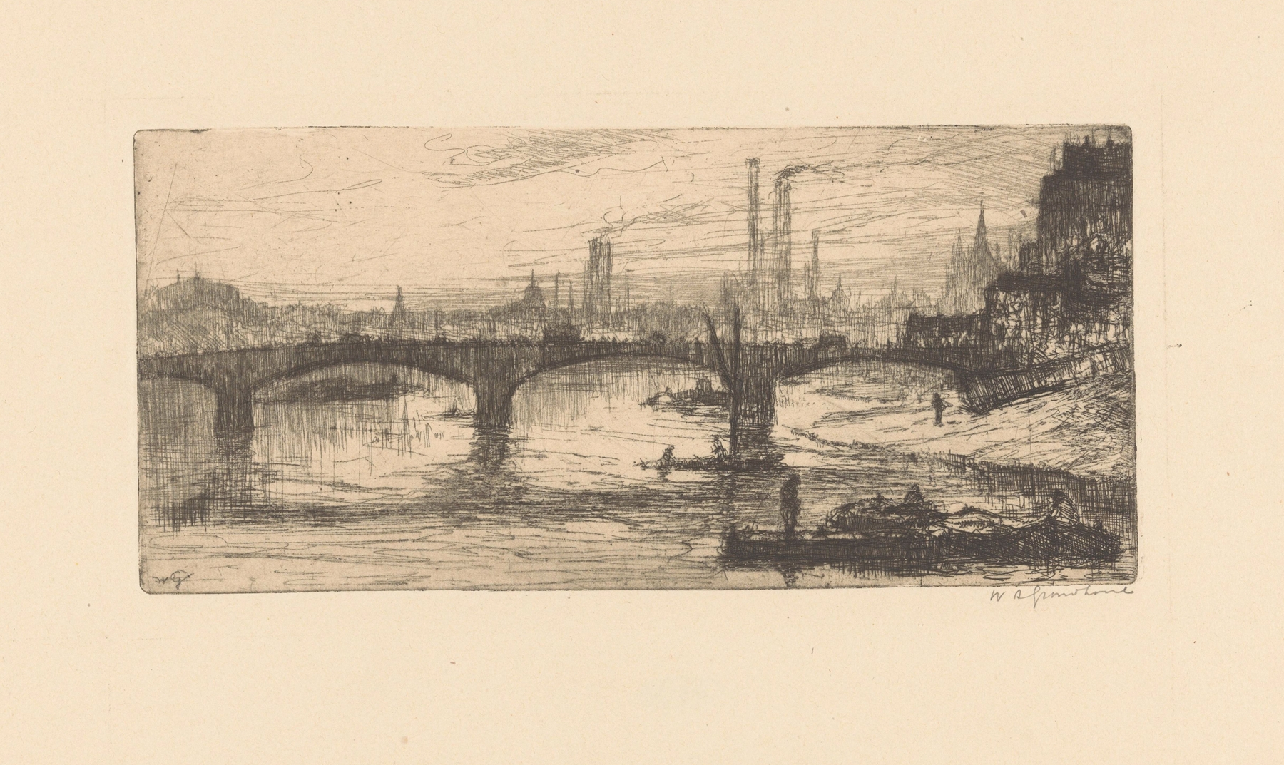 oil on canvas by Willem Adrianus Grondhout depicting a bridge over the Thames in London