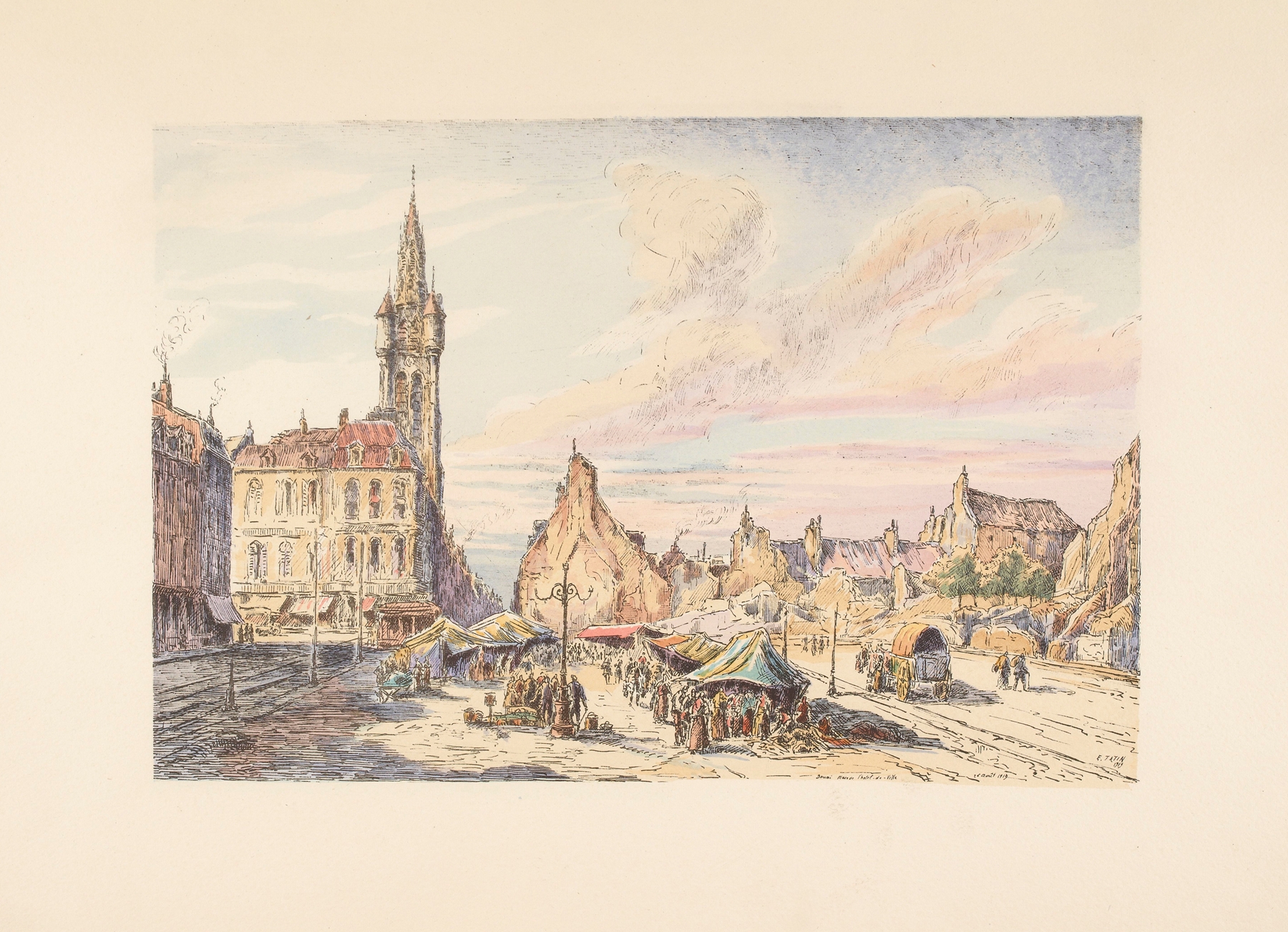 Genre scene of Douai market by E. Tatin, oil on canvas