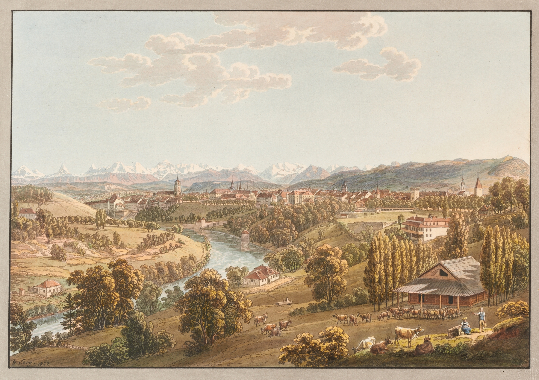 Vue de la ville de Berne by Gabriel Lory the Younger, oil painting depicting a serene Swiss landscape.