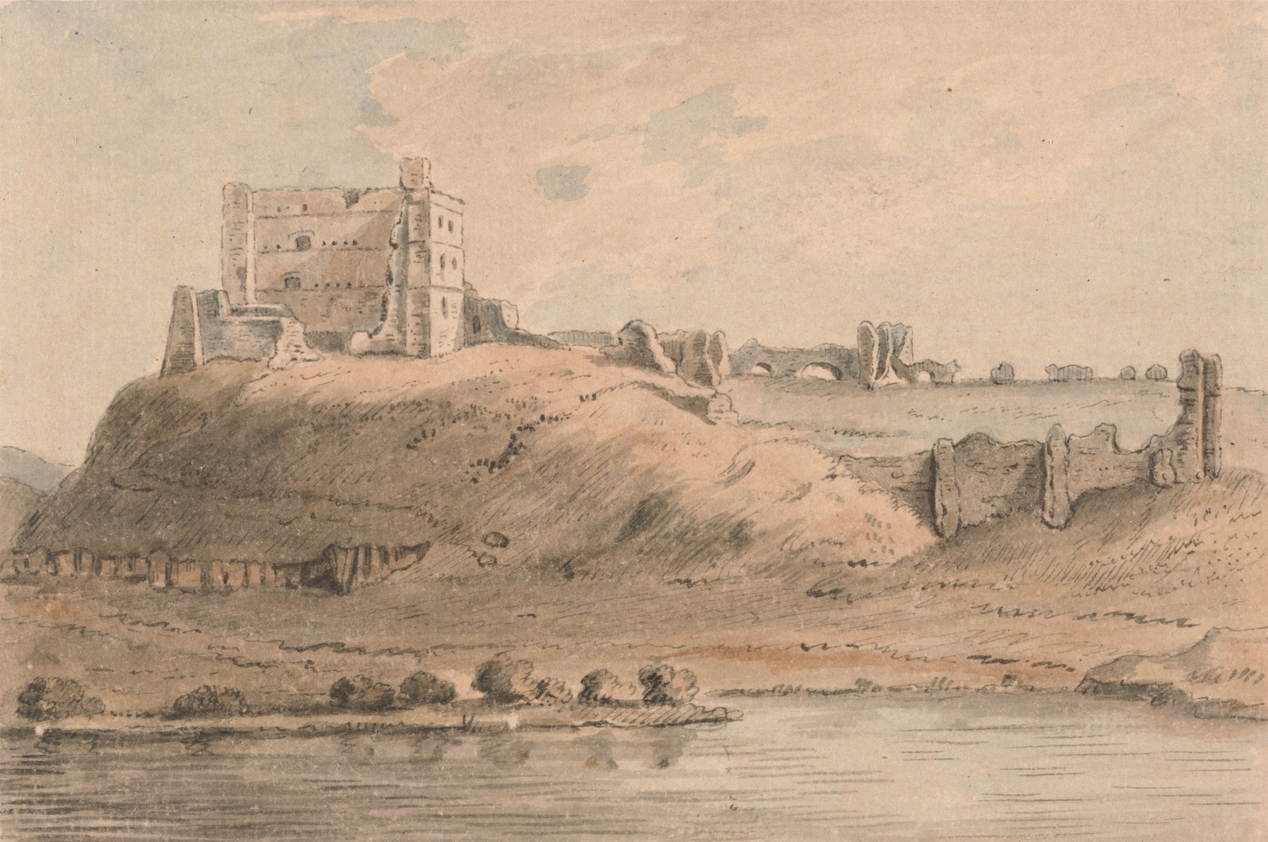 Norham Castle in watercolor by Capt. Francis Grose against a pastel sky