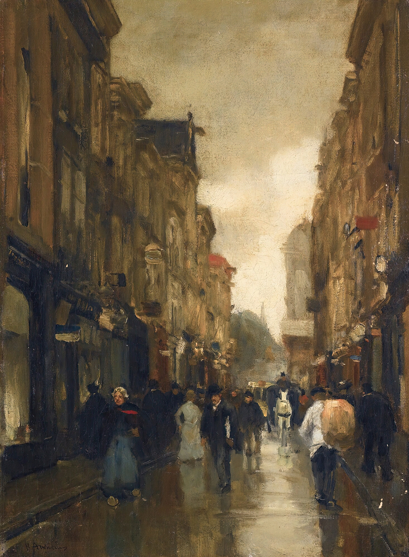Figures in the Spuistraat, oil on canvas by Floris Arntzenius showing urban figures.