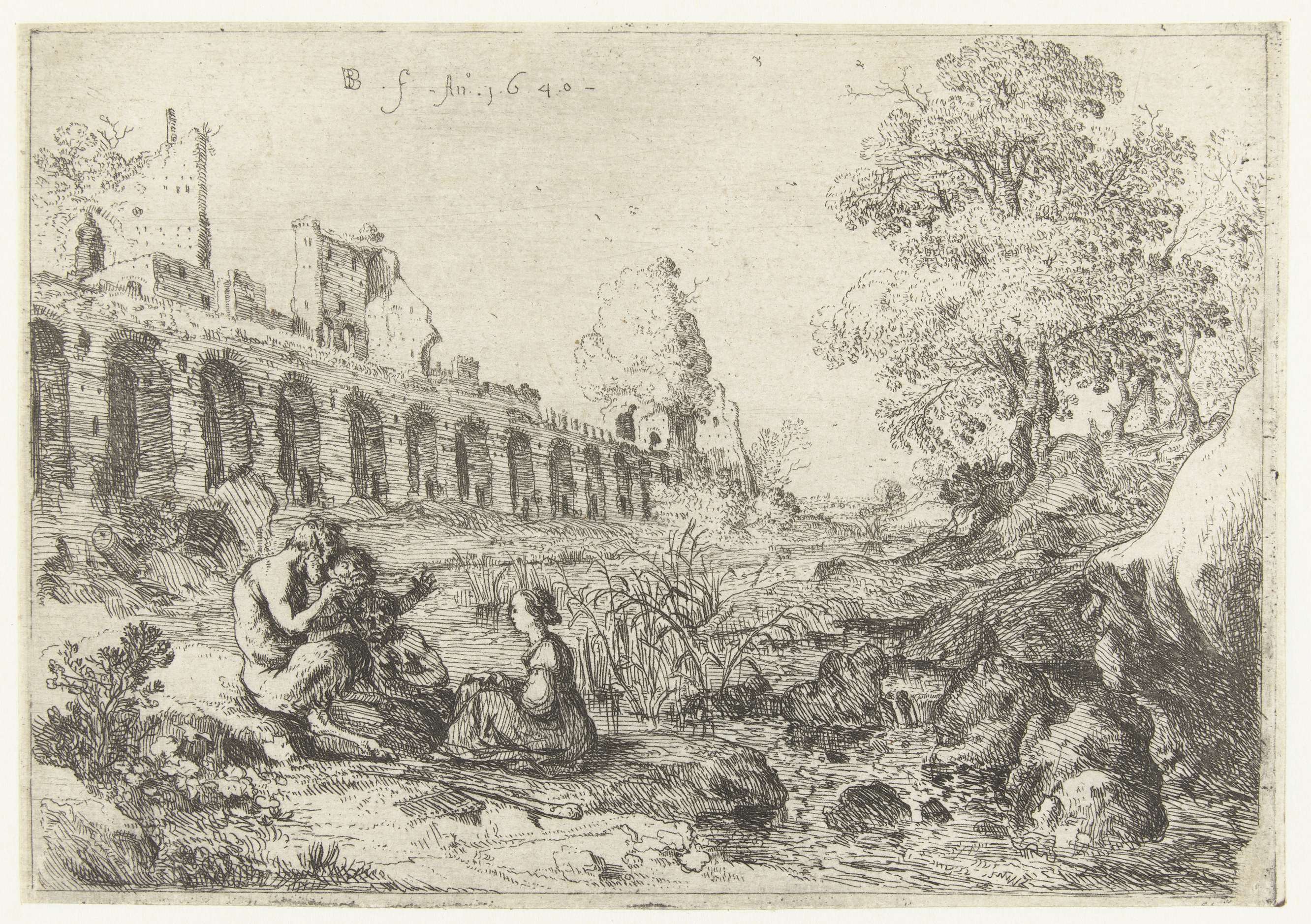 Nymphs and satyrs in a landscape, etching by Bartholomeus Breenbergh