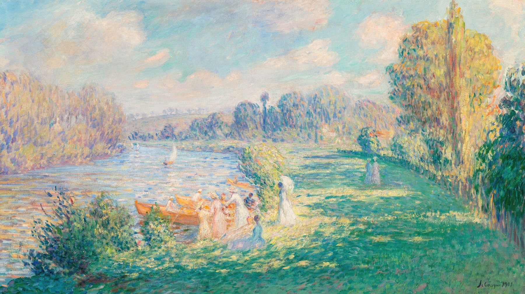 Oil painting by Henri Lebasque depicting a serene river landscape with sunlight and nature