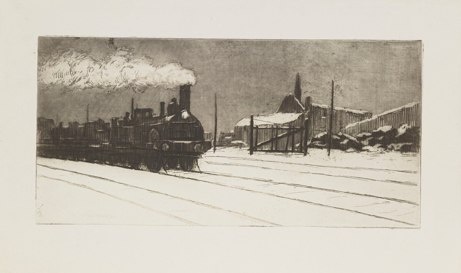 Historical depiction of a locomotive by Henri-Charles Guérard, medium unknown.