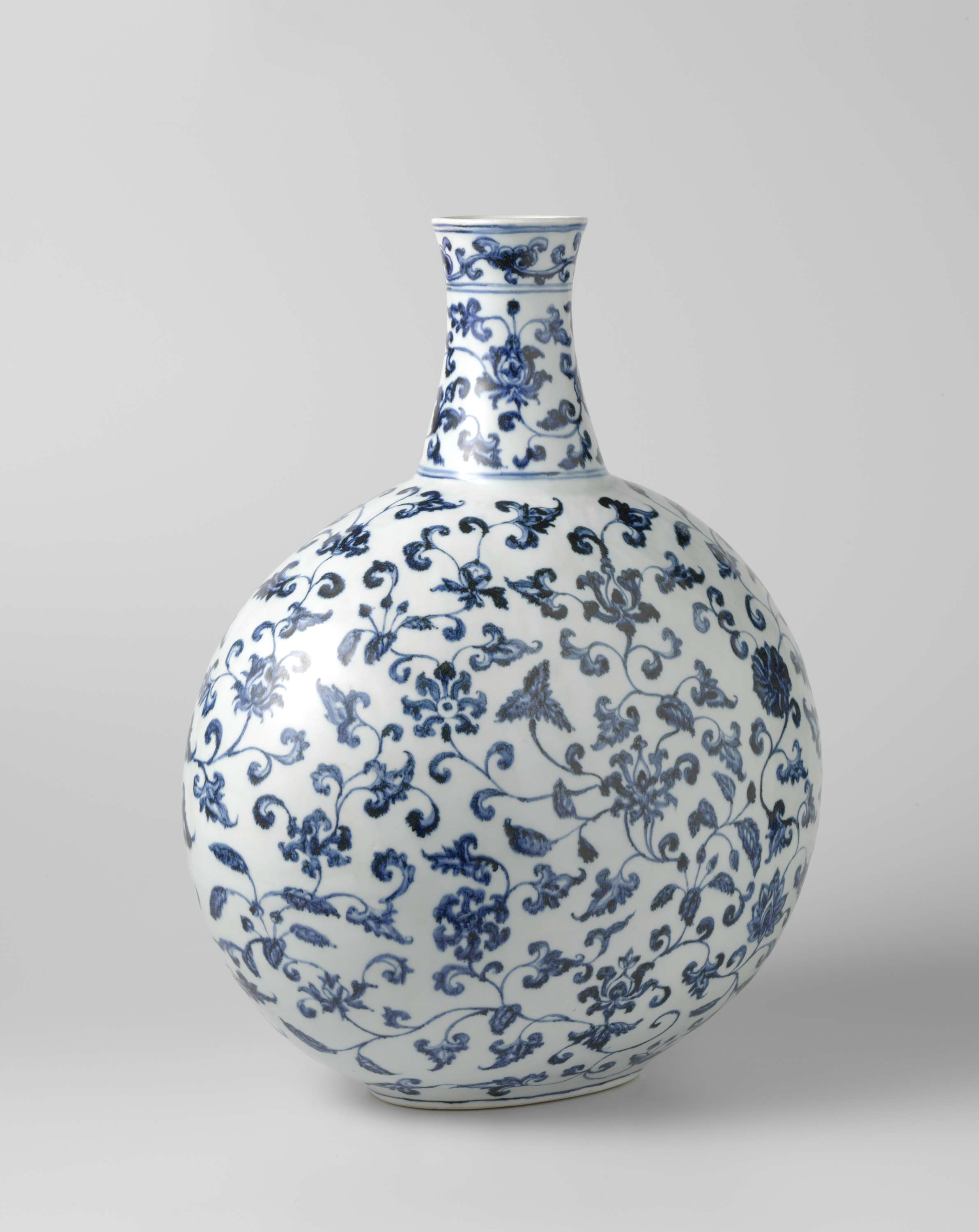Oblate spherical bottle with floral scrolls, porcelain, unknown artist