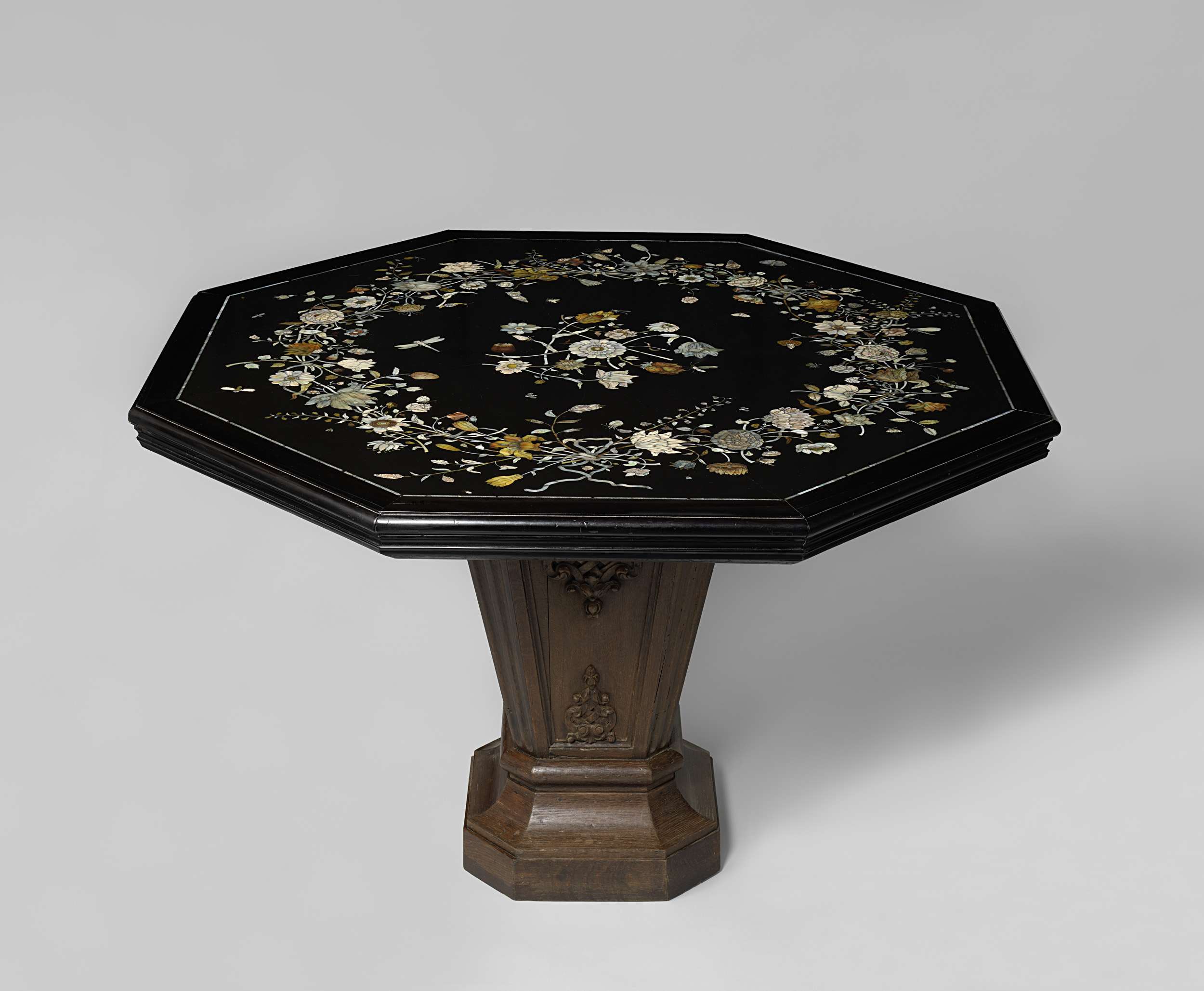 Decorative marble tabletop by Dirk van Rijswijck featuring mother-of-pearl inlay