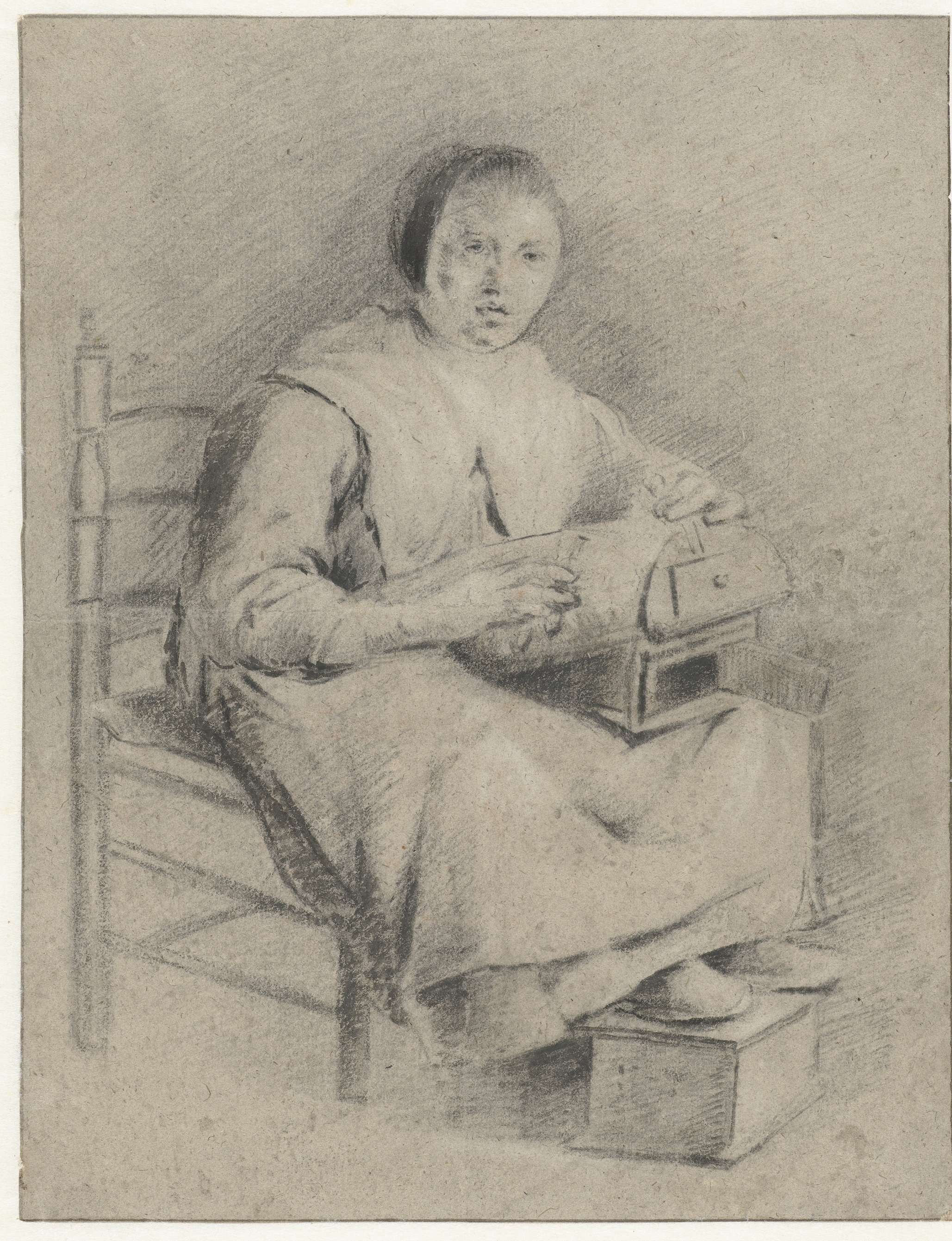 Interior scene with a woman holding a cushion, paper by Quiringh Gerritsz. van Brekelenkam