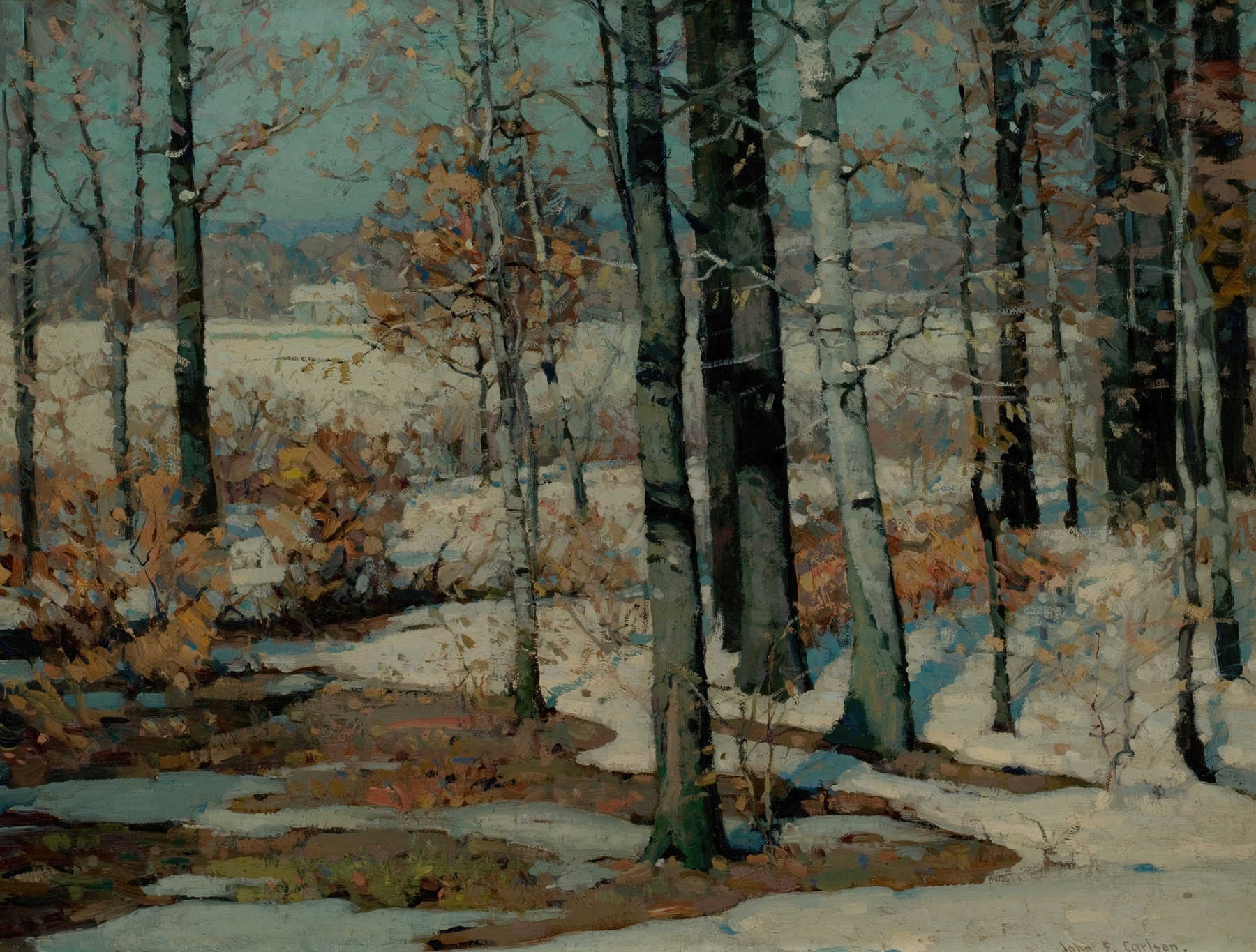 At the Forest’s Edge by John Fabian Carlson, oil painting depicting a serene forest scene.