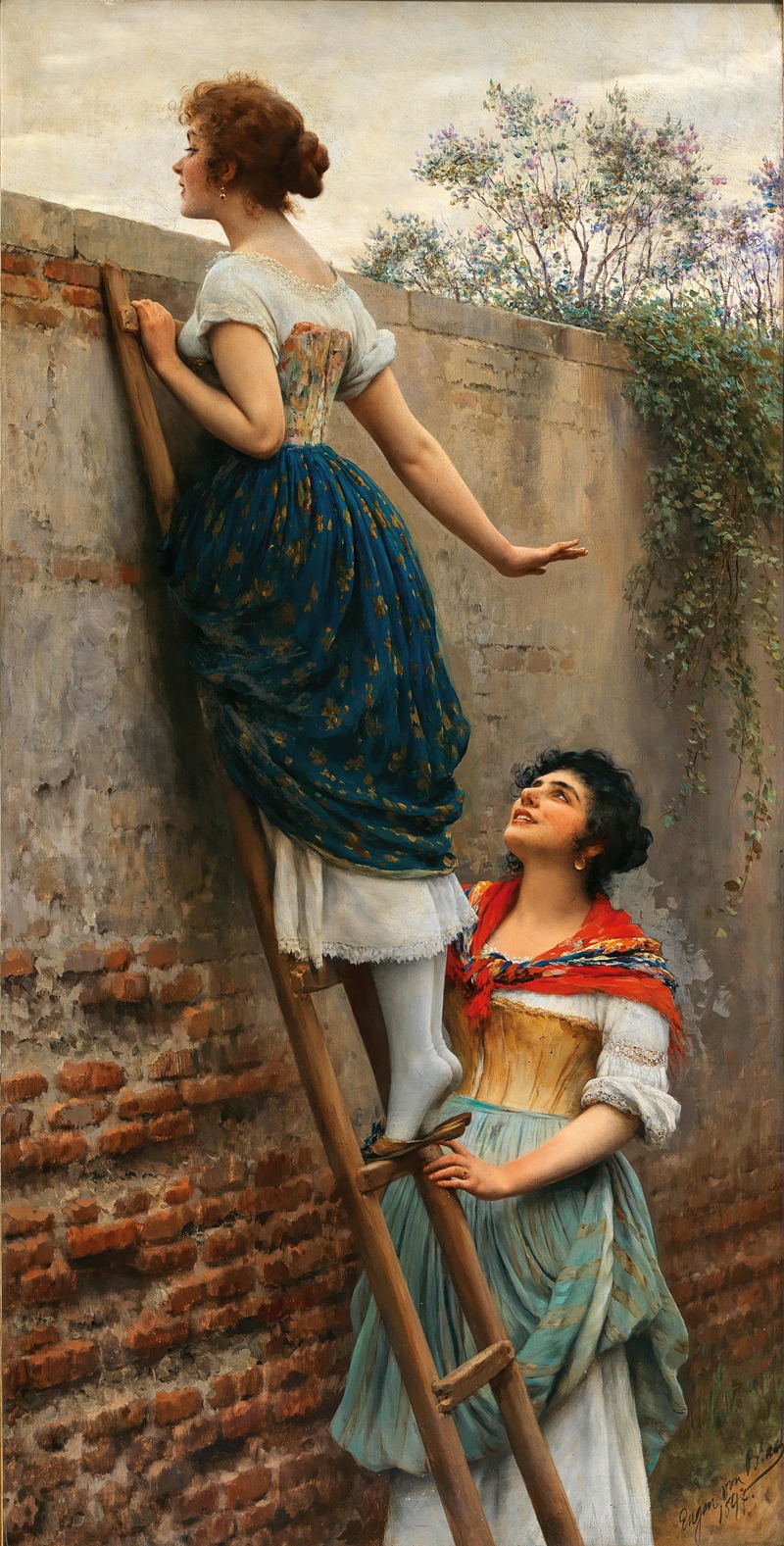 A captivating genre scene by Eugen von Blaas depicting curious figures.