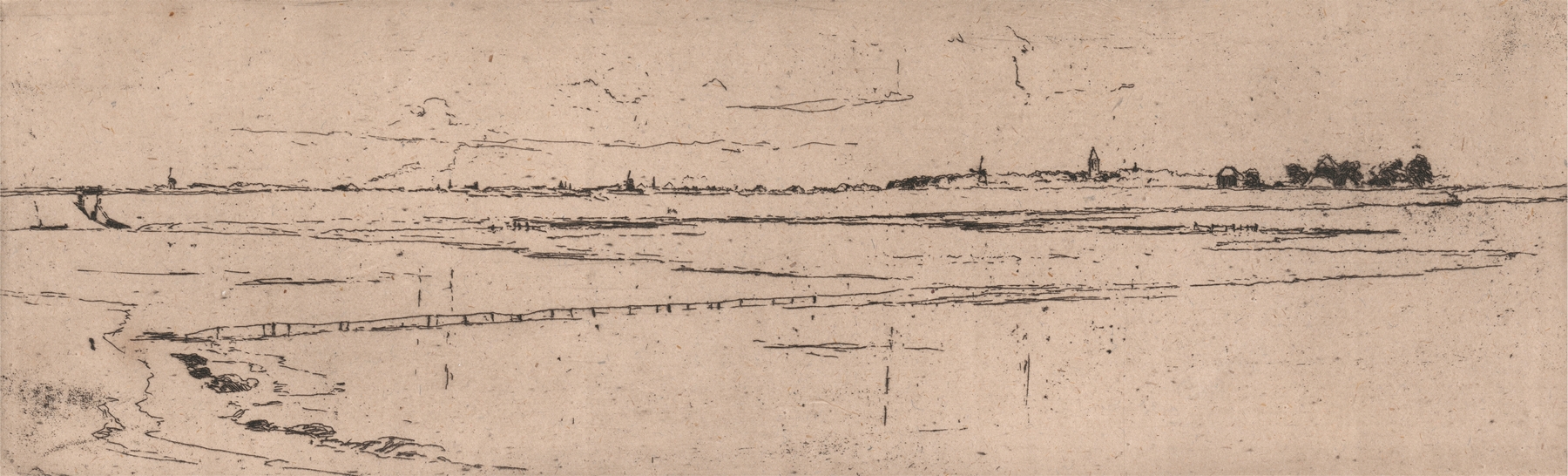 Landscape depicting Monnikendam in distance, etching by Sir Frank Short