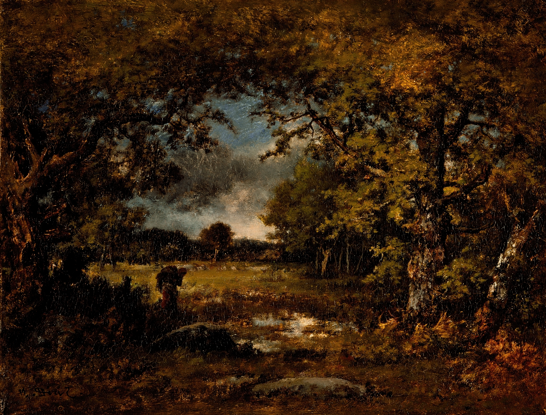 Landscape by Narcisse-Virgile Diaz de La Peña, oil on canvas showing serene greens and blues.
