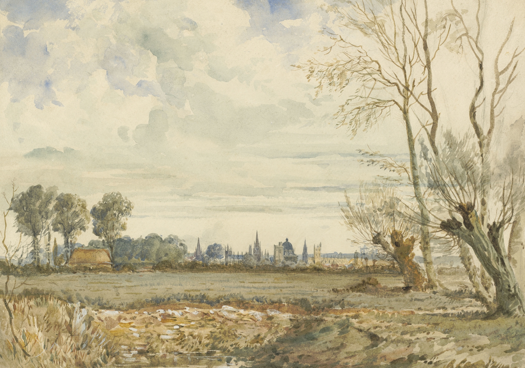 Landscape of meadows and distant hills with Oxford spires, oil painting by Thomas Shotter Boys