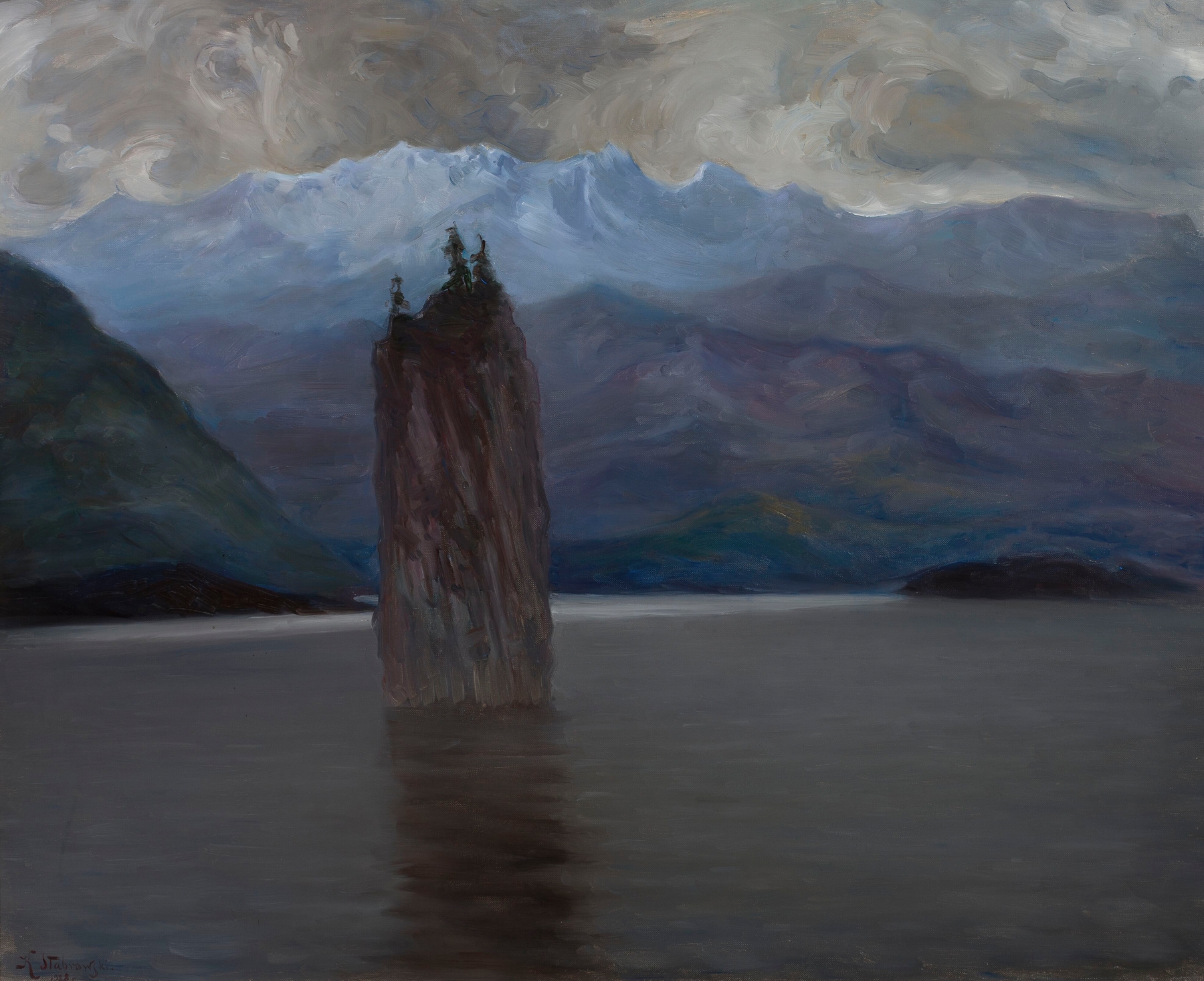 Norwegian fjord landscape by Kazimierz Stabrowski, oil painting with deep blues and greens.