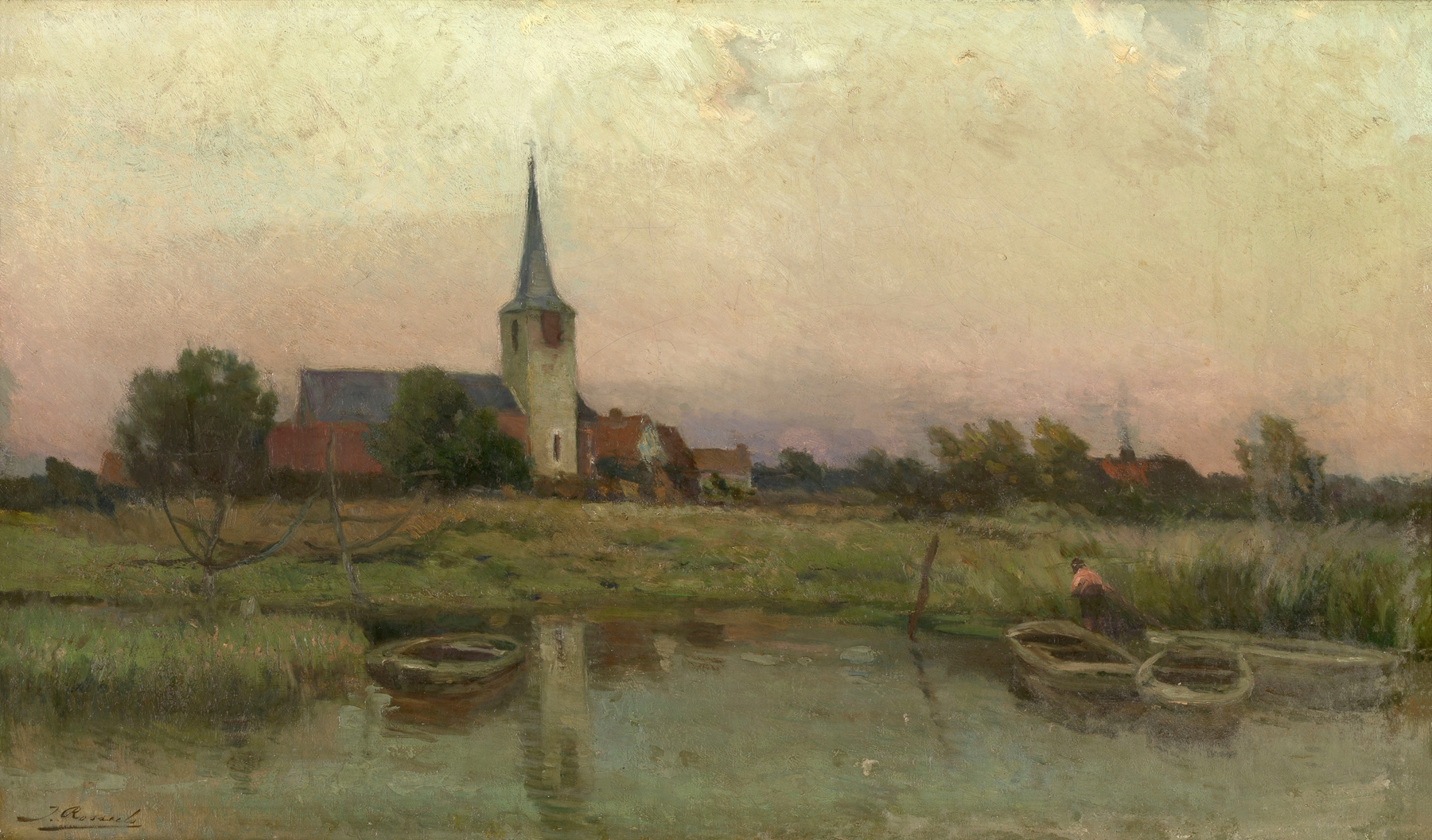 Landscape oil painting by Jacques Rosseels featuring a horizon and expansive sky.