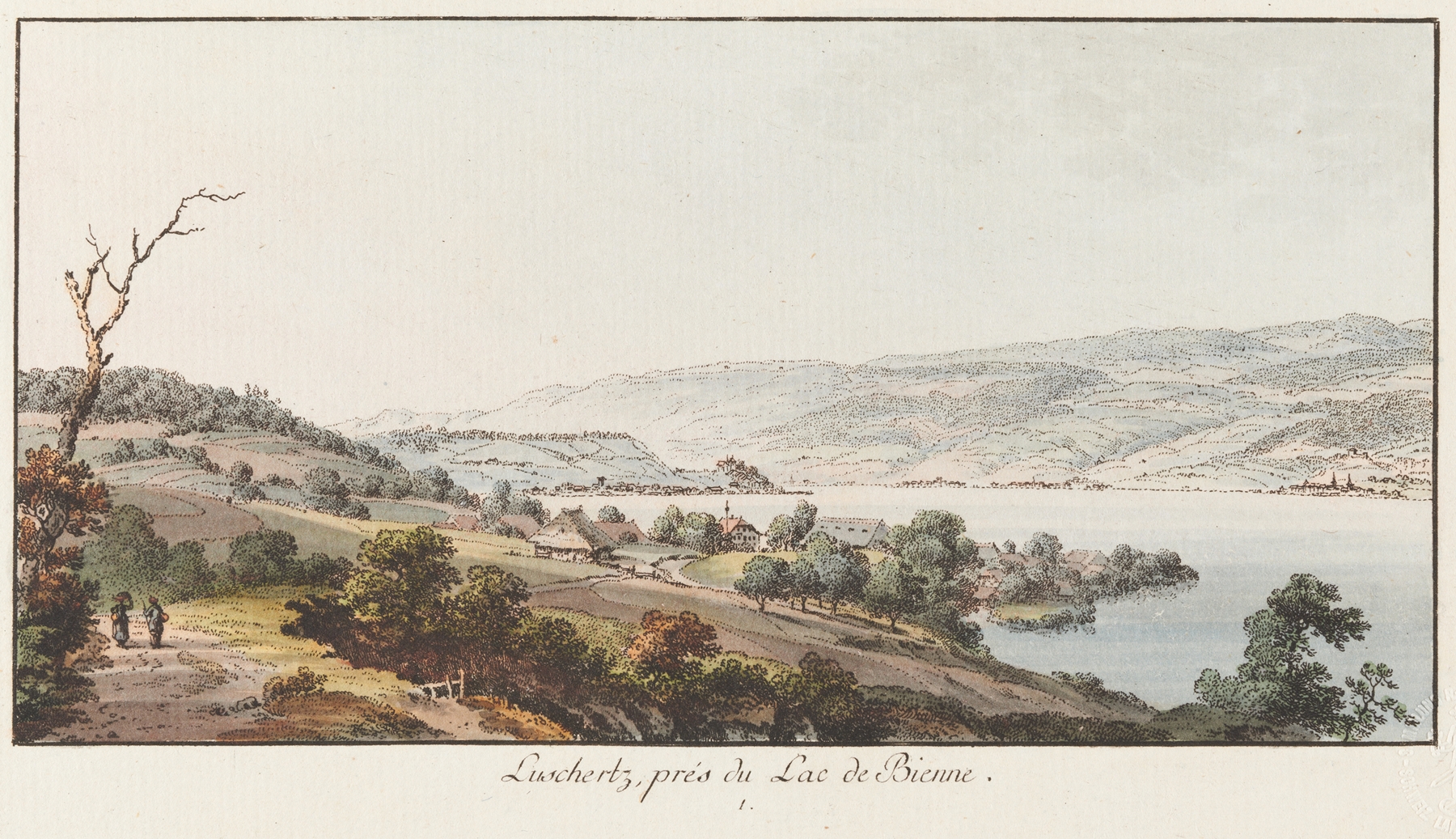 Watercolour by Johann Ludwig Aberli depicting a serene landscape near Lake Bienne.