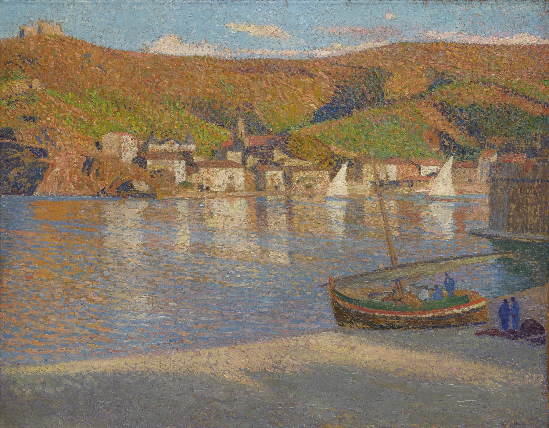 Cinq pécheurs et leur barque échouée sur la grève à Collioure by Henri Martin, oil painting