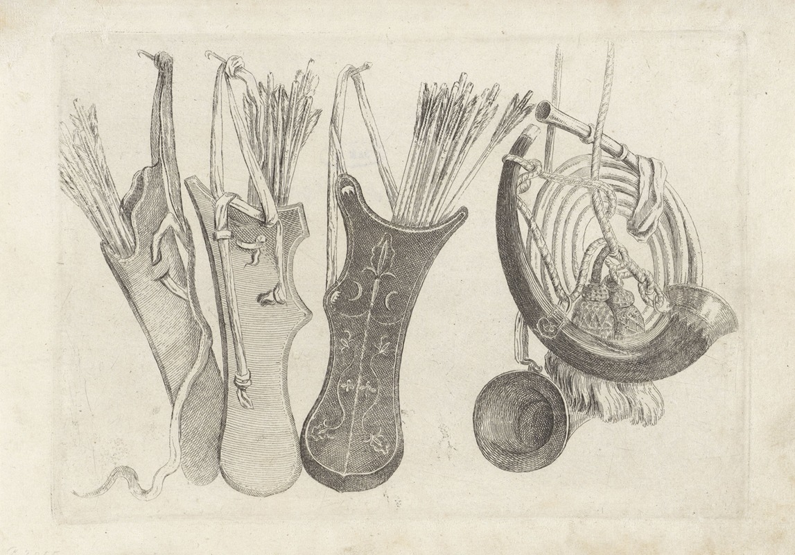 A still life featuring quivers, arrows, and hunting horns by Wenceslaus Hollar.
