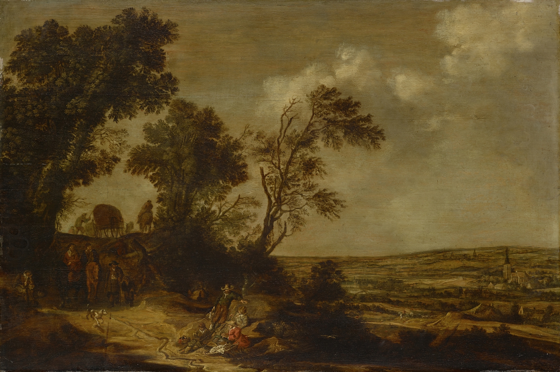 Hilly Landscape with a Country Road, by Pieter de Molijn, public domain