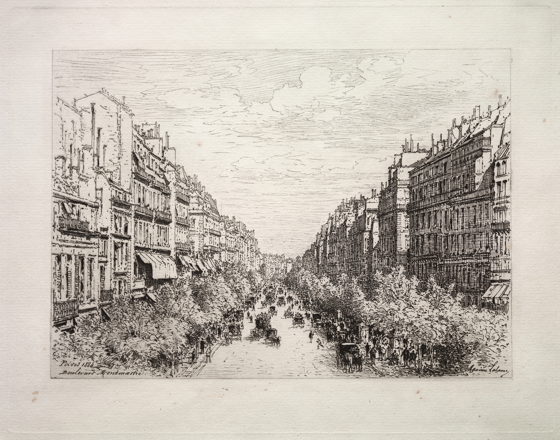 Boulevard Montmartre by Maxime Lalanne, oil painting depicting figures on a boulevard