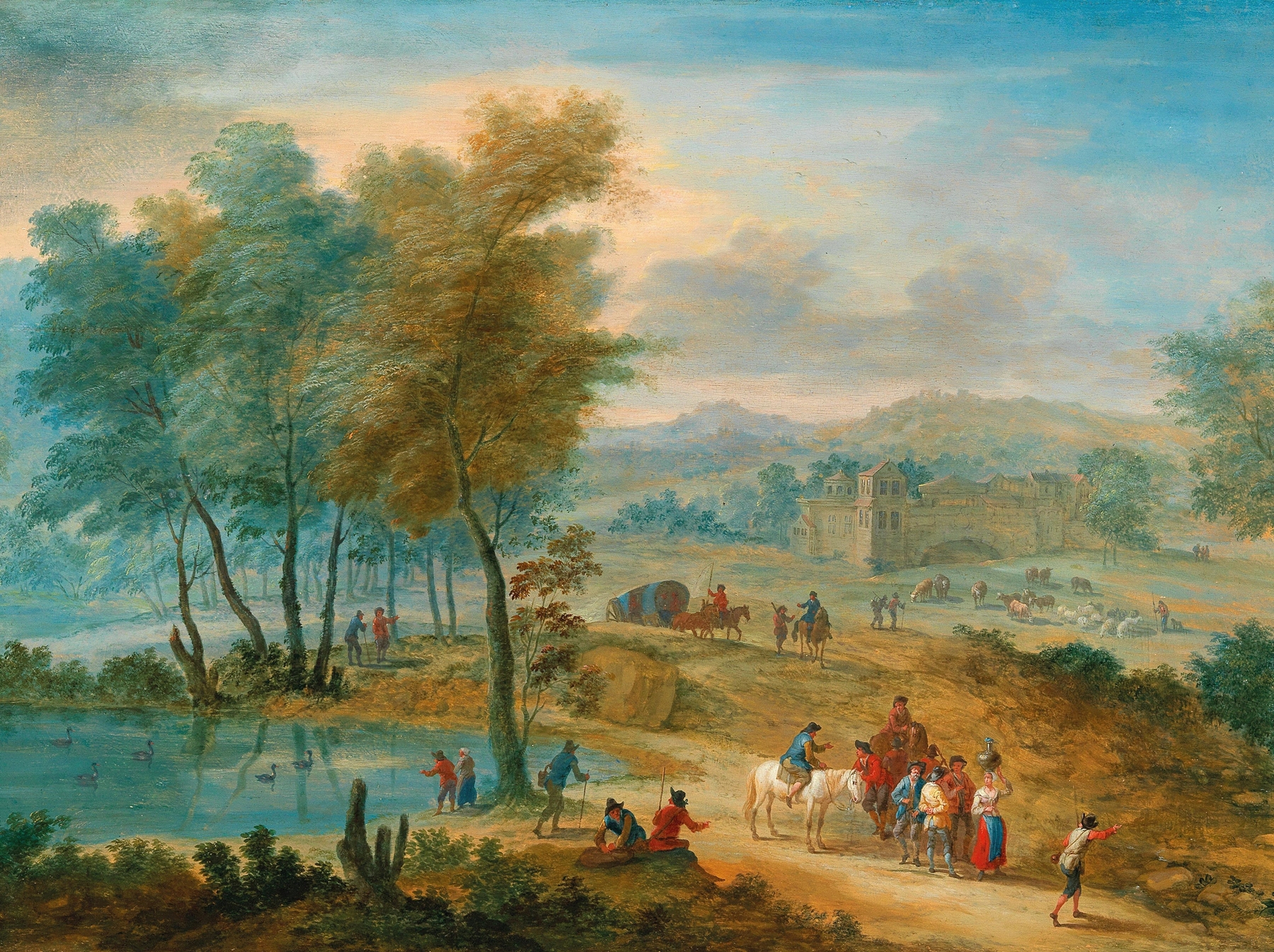 A wide landscape with travellers, by Mathys Schoevaerdts, public domain