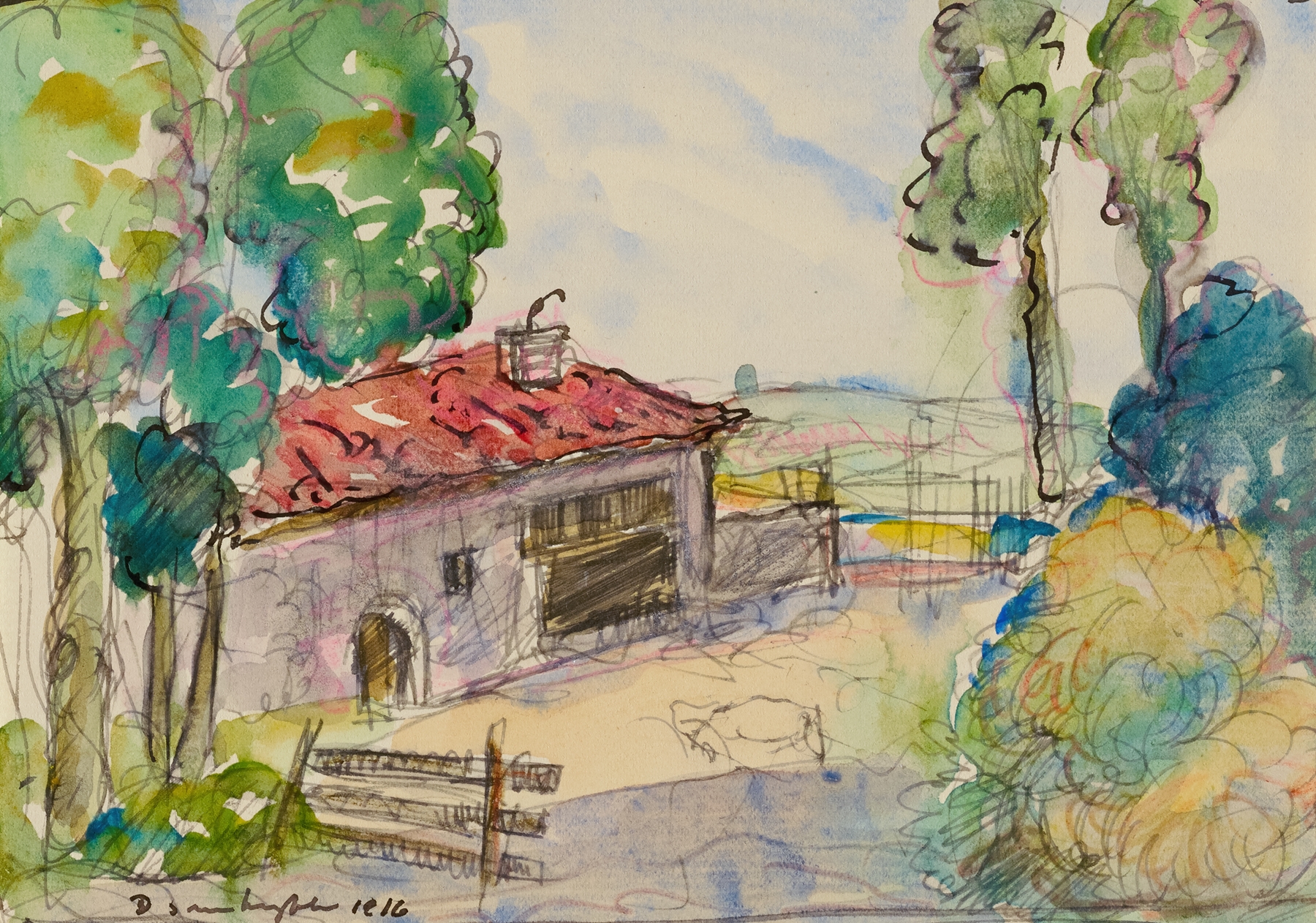 Farmyard scene with dappled light, by Donald Shaw MacLaughlan, medium unknown