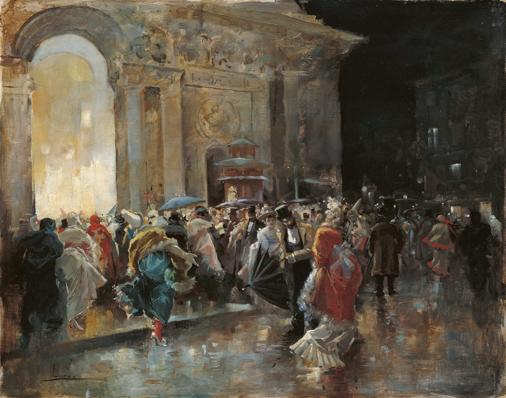 A lively scene of people arriving at a theatre for a masquerade ball.