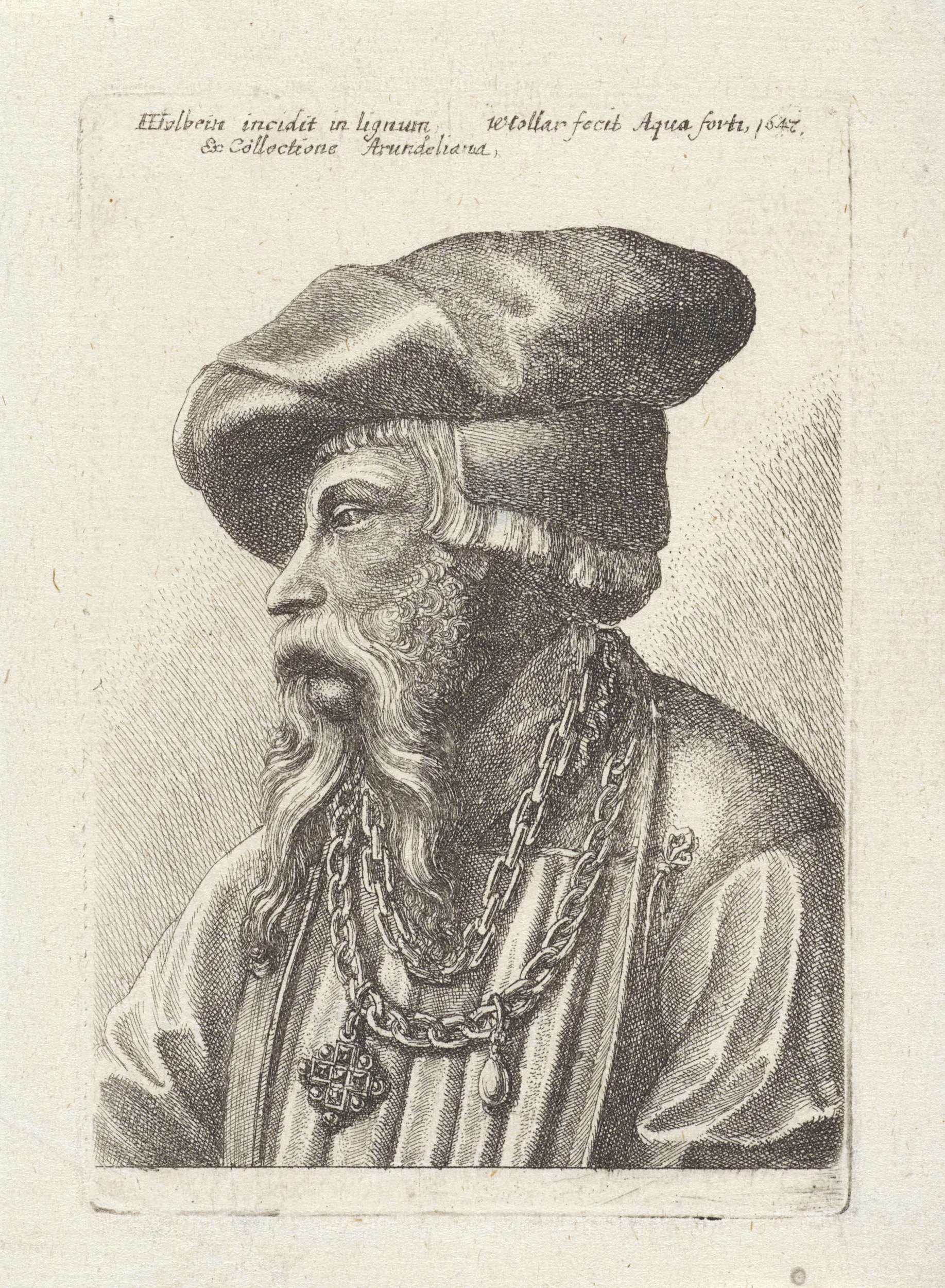 Portrait of a man with a beard, baret, and necklace, etching by Wenceslaus Hollar