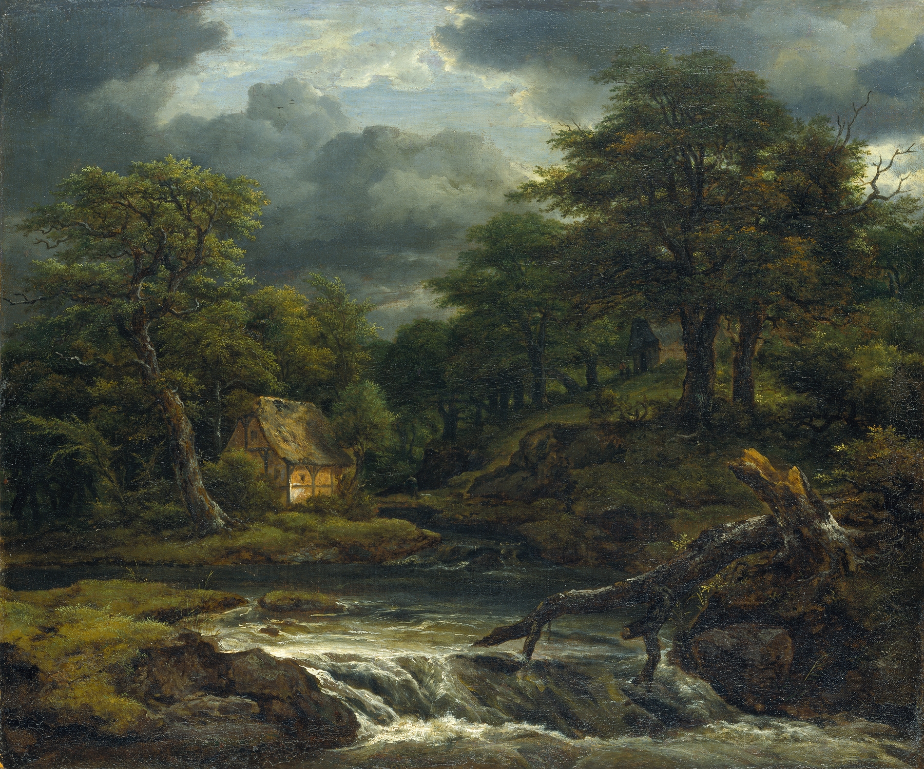 Wooded Landscape with Waterfall and Approaching Storm, by Jacob van Ruisdael, public domain