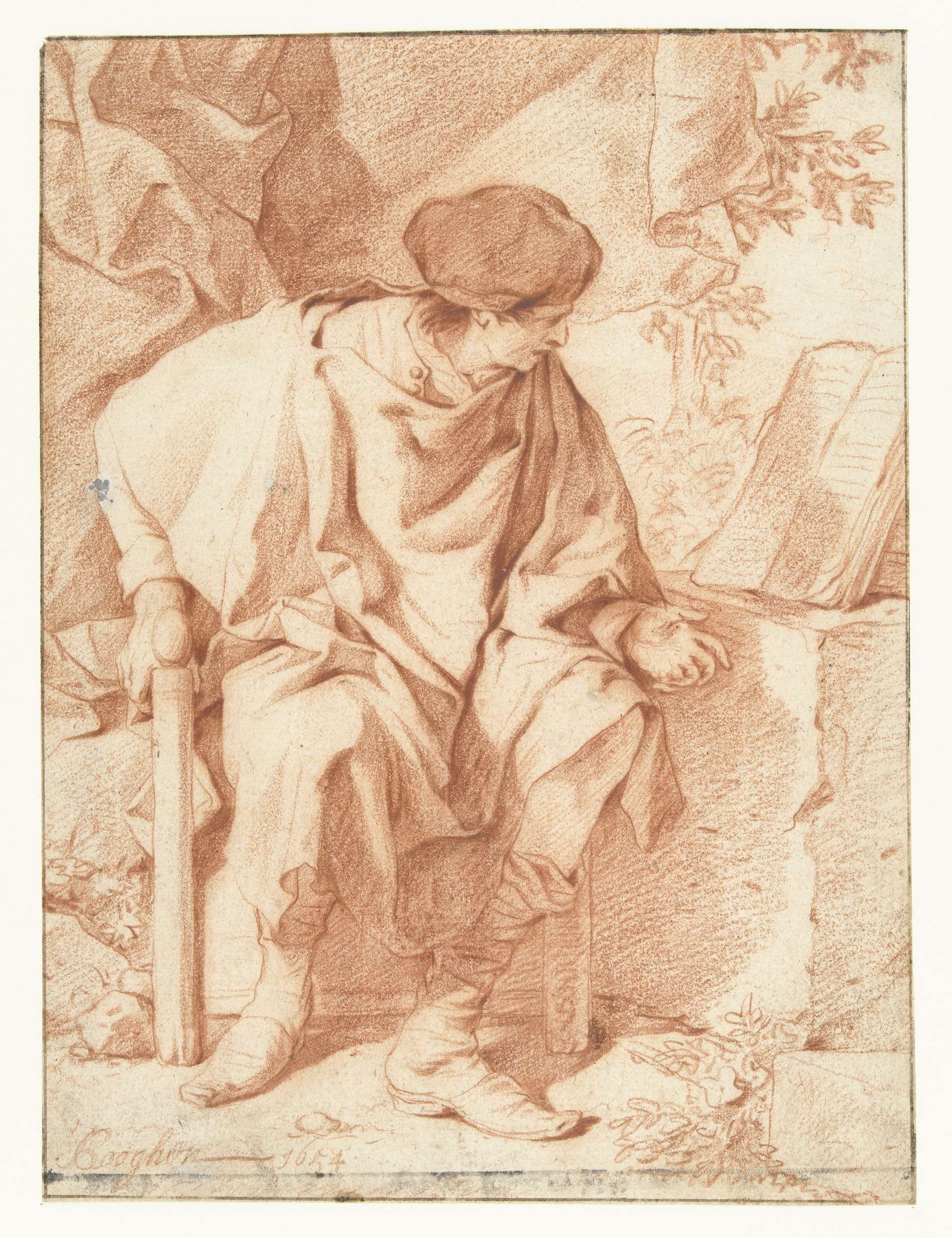 Landschap met een lezende man by Leendert van der Cooghen, paper medium, depicting a man reading in nature.