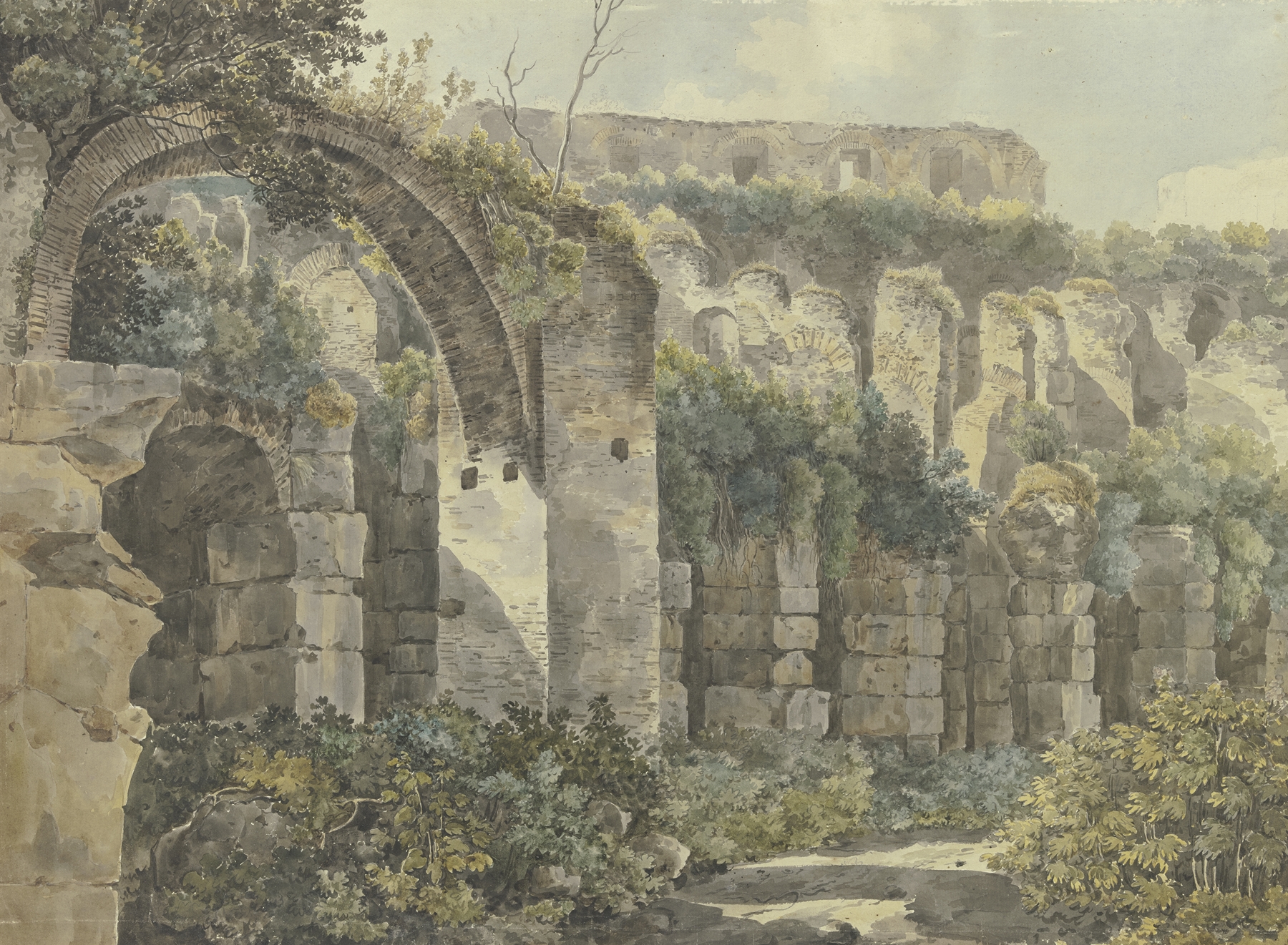 Römische Ruinen mit großem Bogen und hohen Mauern, von Pflanzen überwuchert, by Jacob Philipp Hackert, public domain