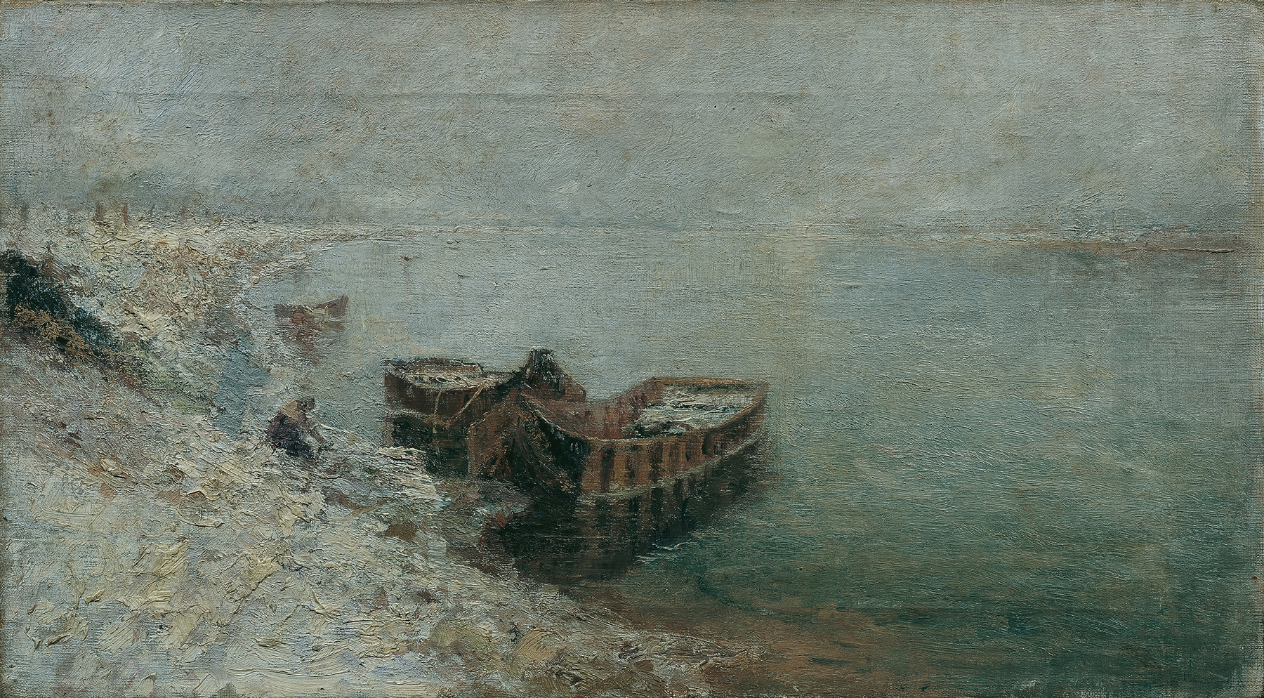 Fishing boats on the Danube riverbank, oil painting by Emilie Mediz-Pelik