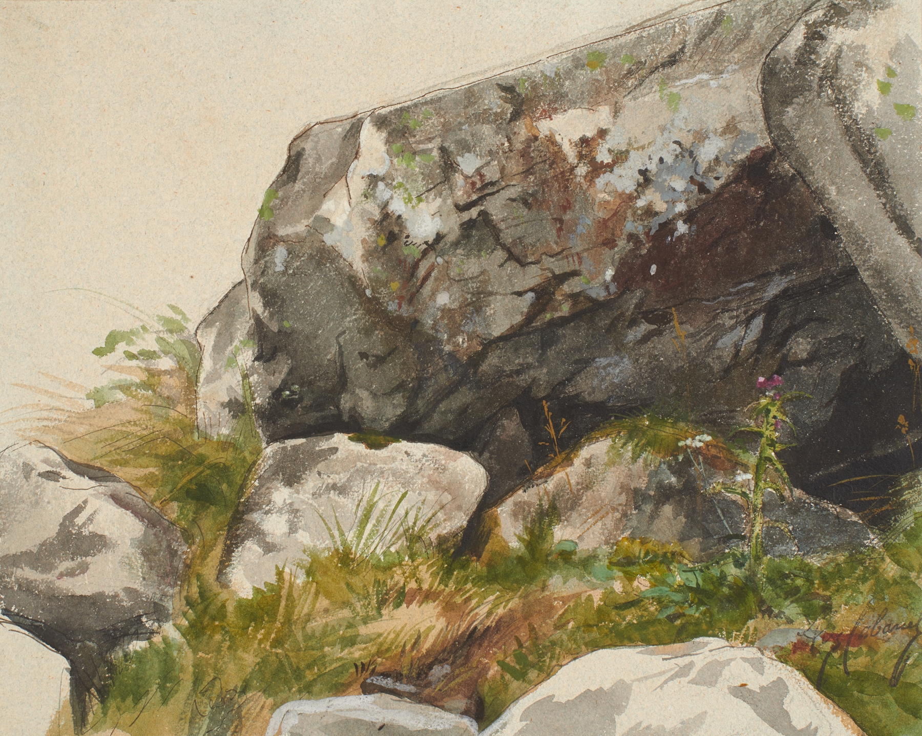 Rocky Landscape by Alexandre Cabanel, oil painting depicting rugged mountains and serene nature.