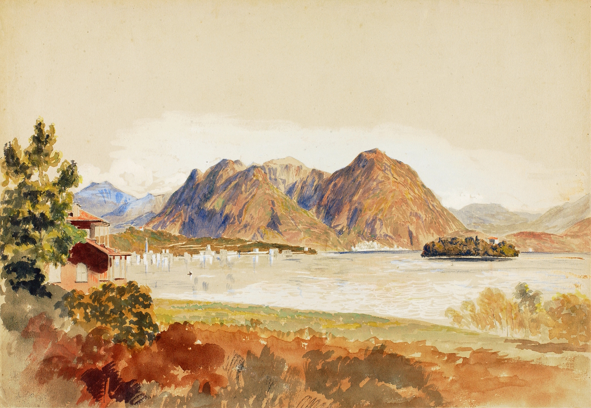 Lago Maggiore, Italy, oil on canvas by Miner Kilbourne Kellogg, featuring a tranquil lake and mountains.