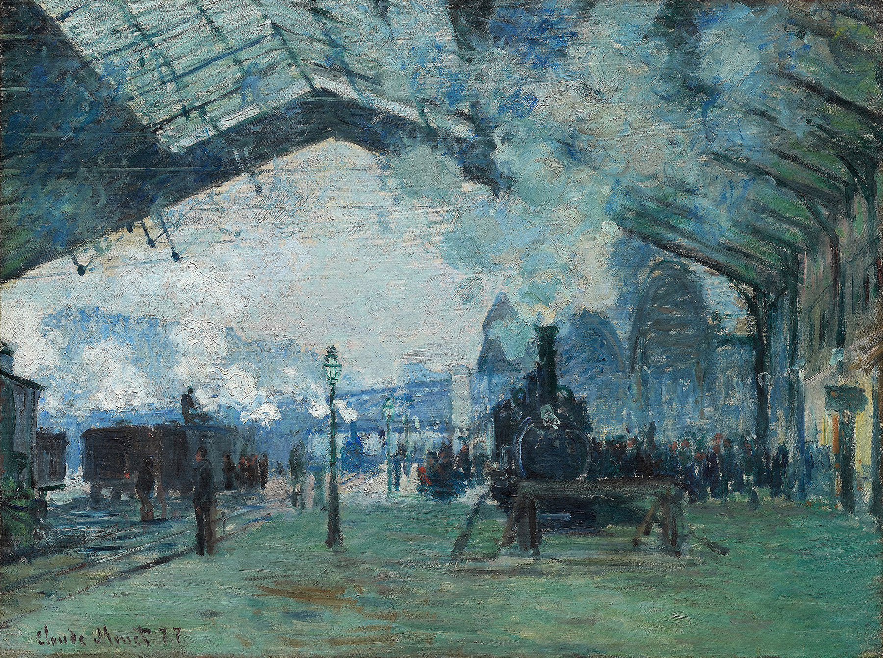 Arrival of the Normandy Train, Gare Saint-Lazare by Claude Monet, oil painting depicting a bustling train station.