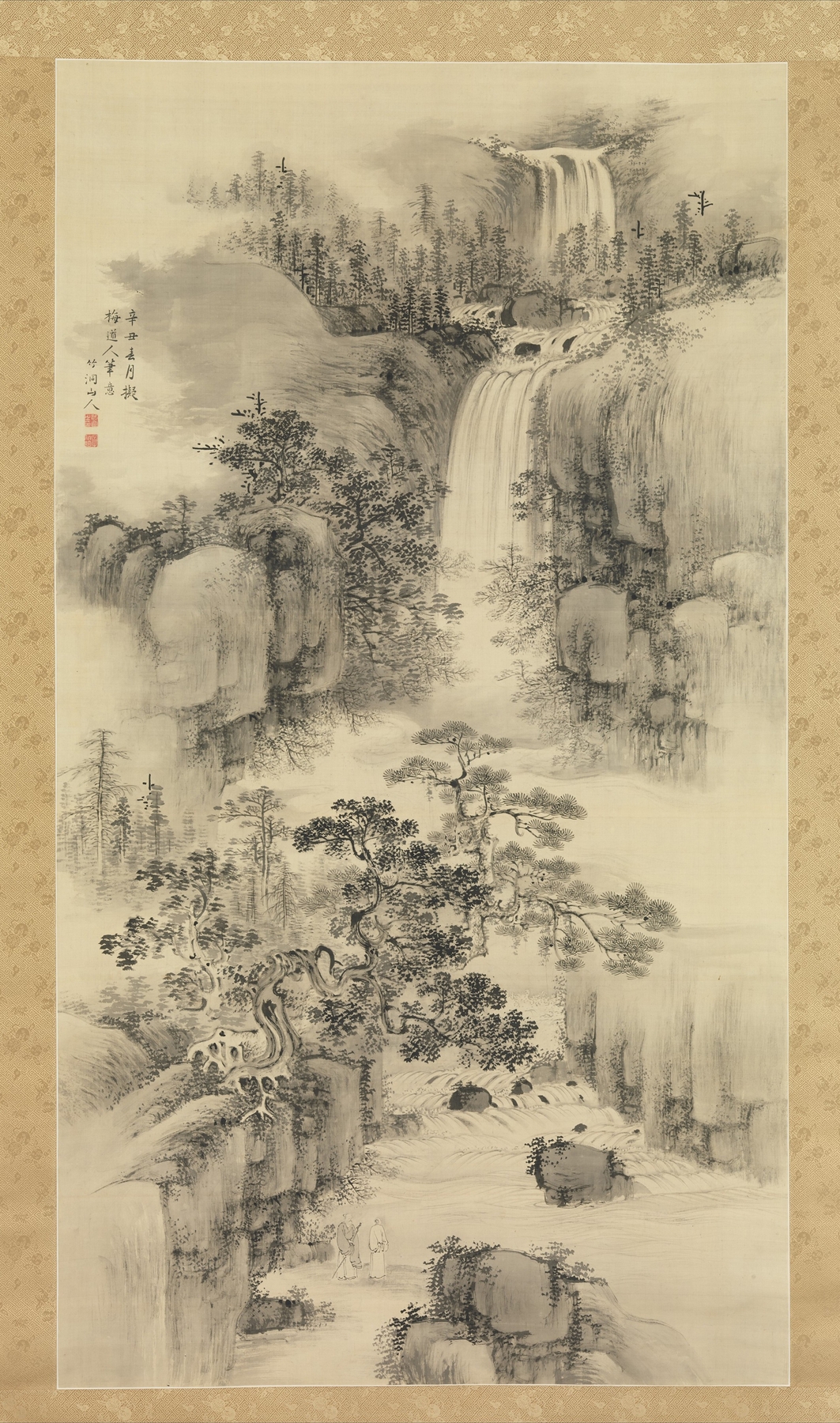 Landscape with Waterfall by Nakabayashi Chikutō, ink on paper, depicting a waterfall and lush greenery.