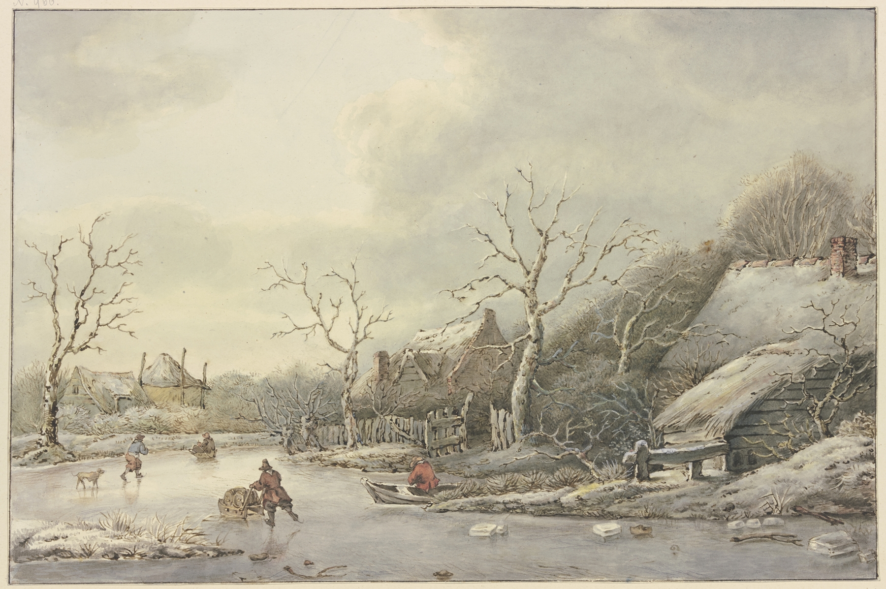 Winterlandschaft mit Schlittschuhläufern auf einem Kanal, by Jan Hulswit, public domain