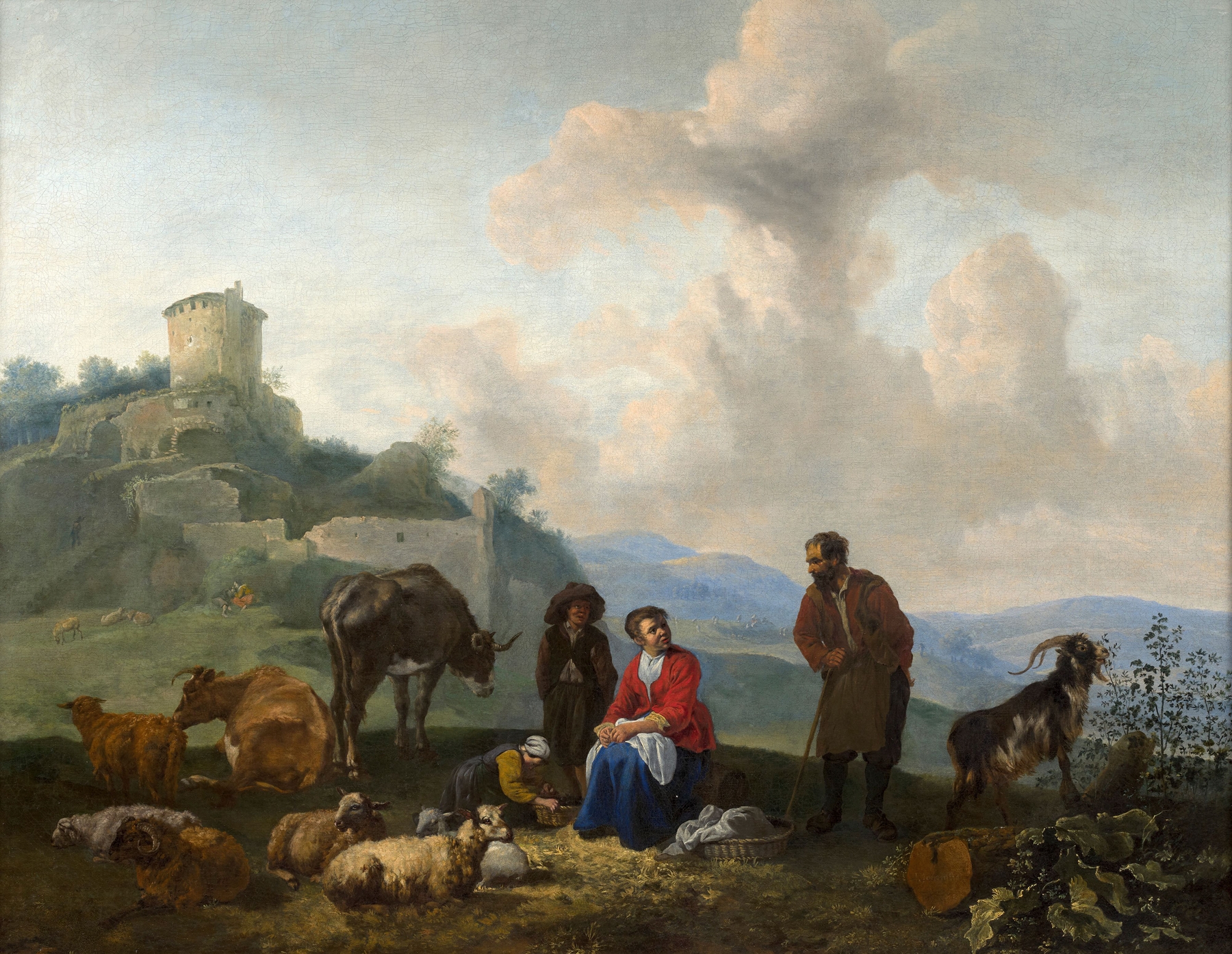 Oil on canvas by Hendrick Mommers depicting shepherds near ruins and a river.
